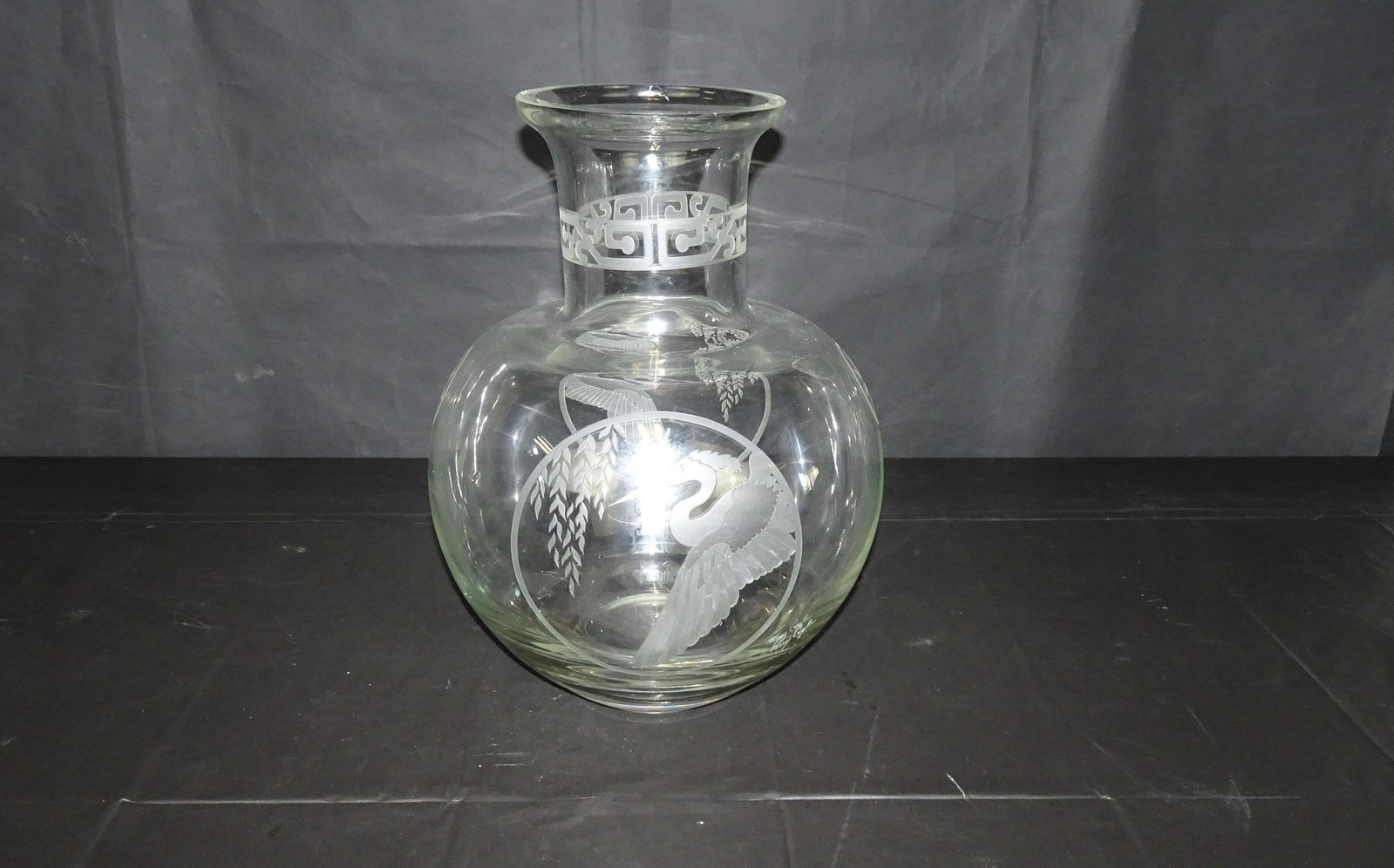 Large Perry Coyle Etched Crystal Vase: Large Perry Coyle Etched Crystal Vase has a rim chip, otherwise good condition, Mireau Crystal, 14''H