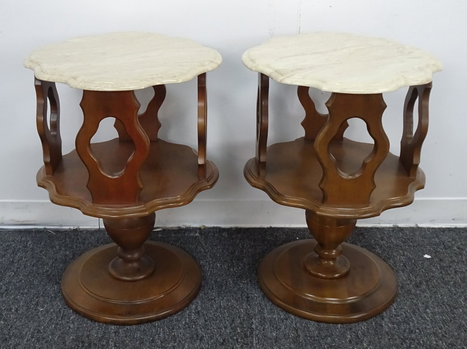 Pair of French Provincial Marble Top End Tables: Pair of French Provincial Marble Top End Tables in good condition, 25.5''H x 18.5''Dia