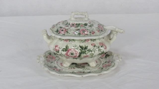Early Transferware Tureen Kaleidoscope Pattern: Early Transferware Tureen Kaleidoscope Pattern, 4pcs, Tray, Tureen, Lid, and Ladle; in good condition with some crazing, some roughness on edge of tray, 6''H x 8.5''L x 7''W
