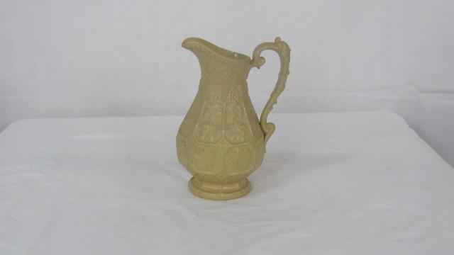19th Century English Pitcher with Registry Marks: 19th Century English Pitcher with Registry Marks in good condition, Grape and Leaf Pattern, beautiful design, face on handle, 10''H, dated June 16th 1850