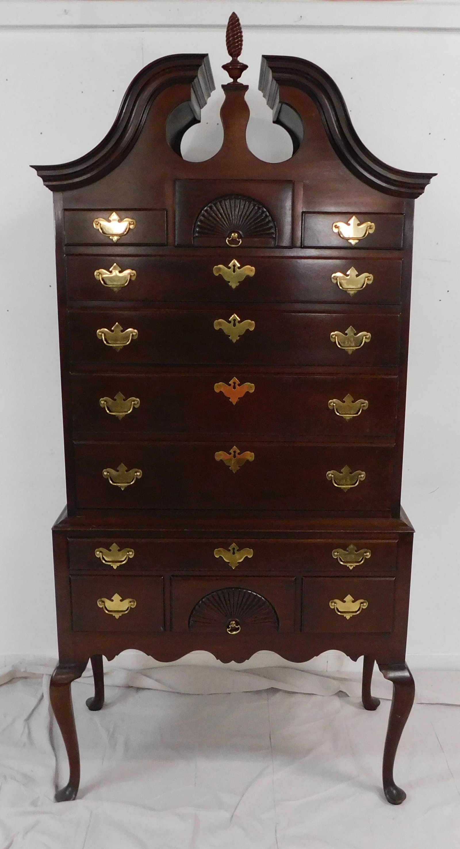 Hickory Chair James River Plantation Highboy Chest: Hickory Chair James River Plantation Highboy Chest in very good condition, Dovetailed Drawers, Brass Hardware, Deep Broken Pediment Bonnet, Queen Anne Legs, Large Burn in Mark in drawer, 86.5''H x 42'