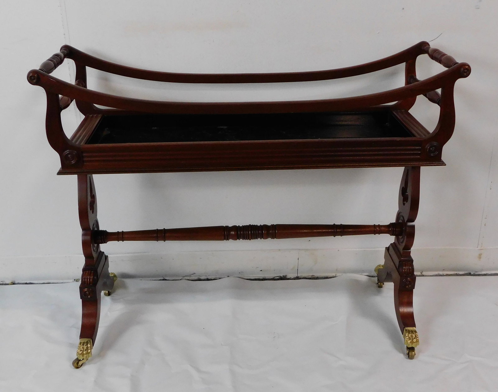 Baker Furniture #8062 Wine Cart: Baker Furniture #8062 Wine Cart in great condition, with metal liner, could be used as a planter, Metal Label, Paper Label on bottom; Brass castors, 30''H x 38''W x 14''D