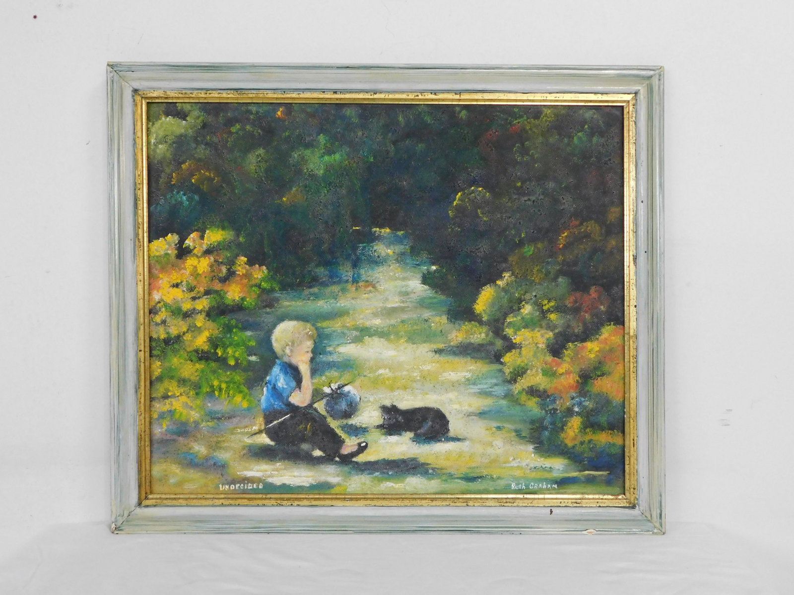 Oil on Board Painting "Undecided" by Ruth Graham: Oil on Board Painting "Undecided" by Ruth Graham. Frame size 23.5" x 28" in good condition.
