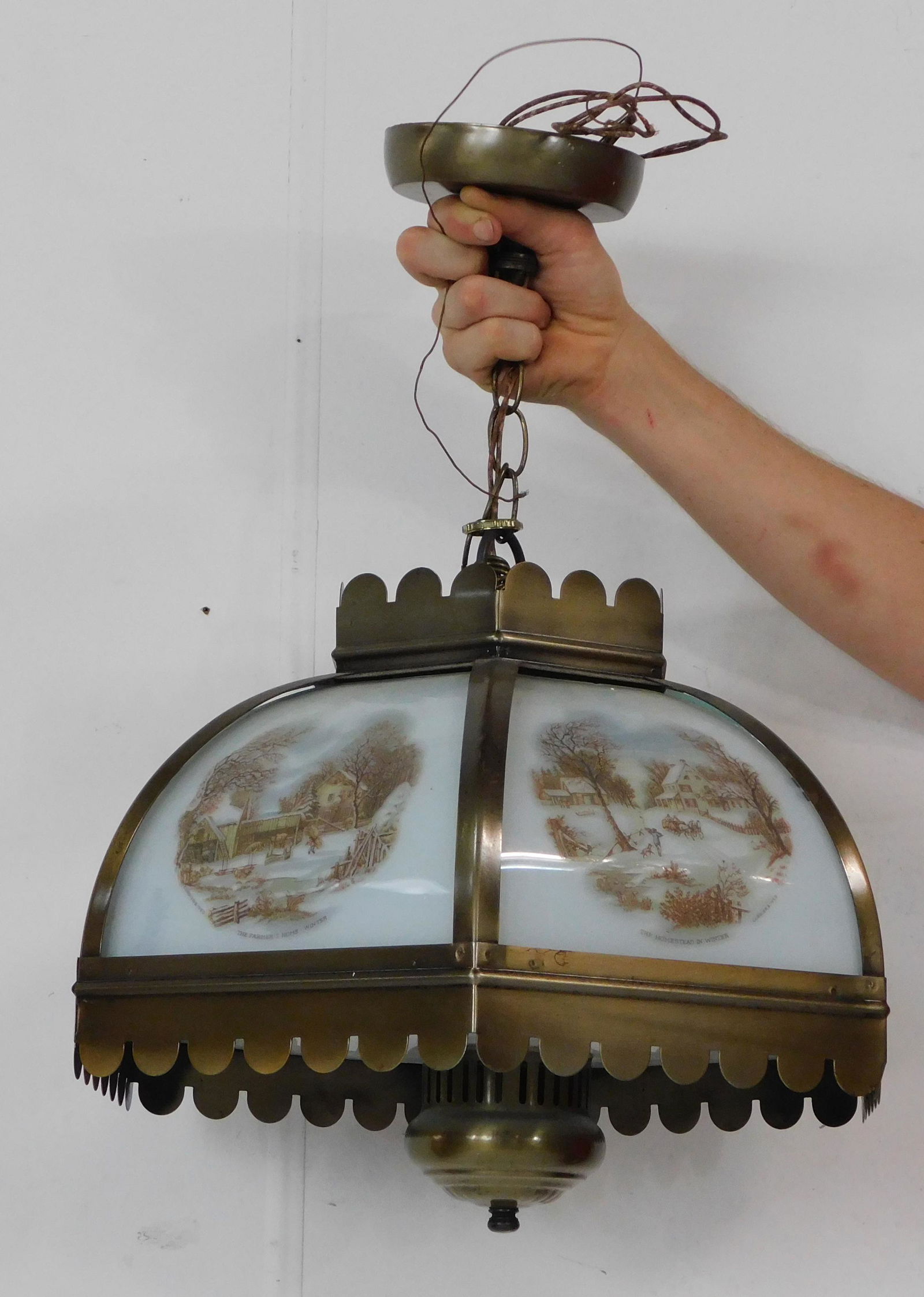 Vintage Hanging Light Currier & Ives Scenes: Vintage Hanging Light Currier & Ives Scenes in good condition. 22" tall from Ceiling Cap.