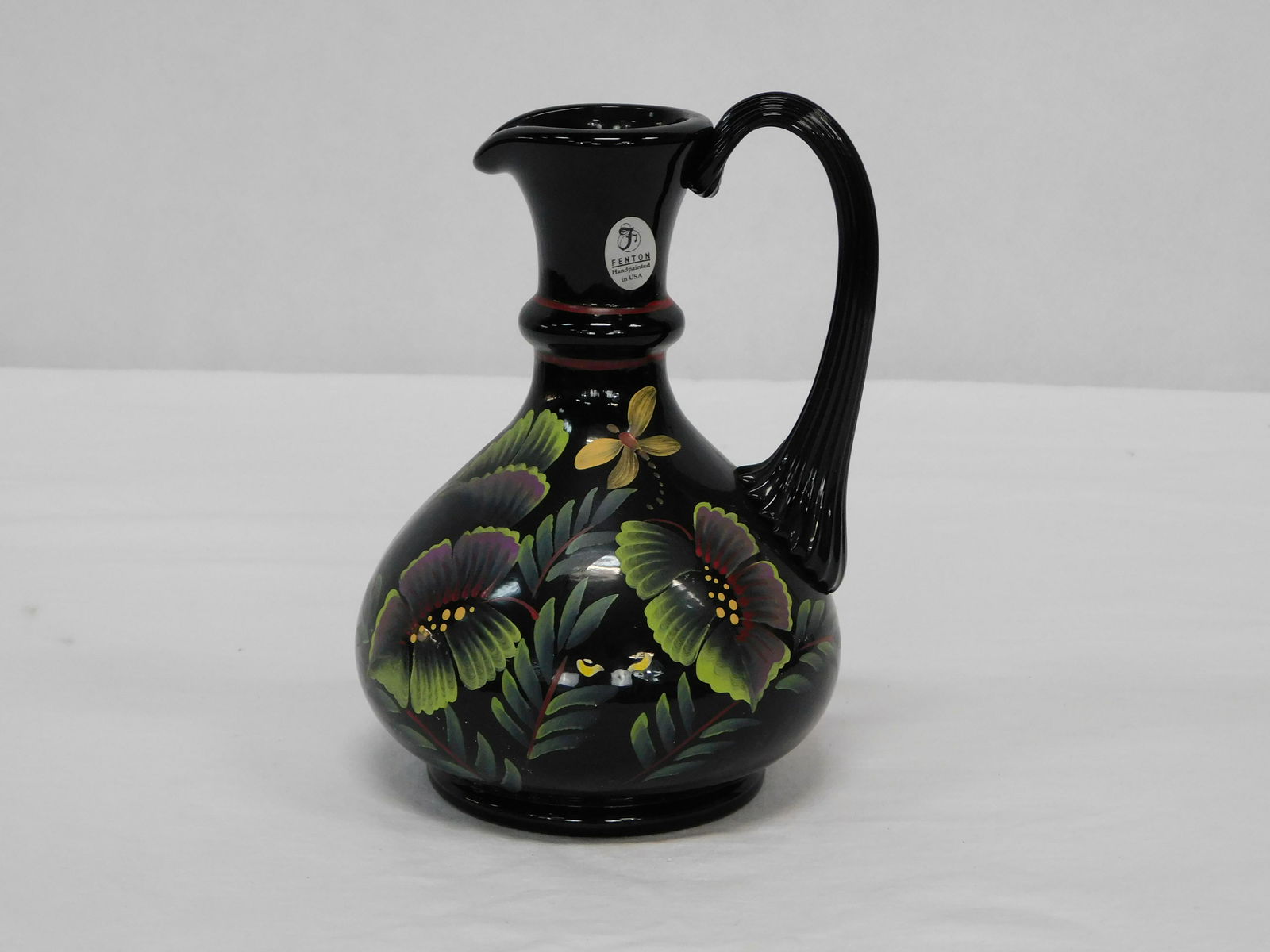 Fenton Ebony HP Artist Signed Ewer: Fenton Ebony HP Artist Signed Ewer in good condition, Paper Label, Script F and Oval Fenton Marking, Artist J. Grove, 7''H