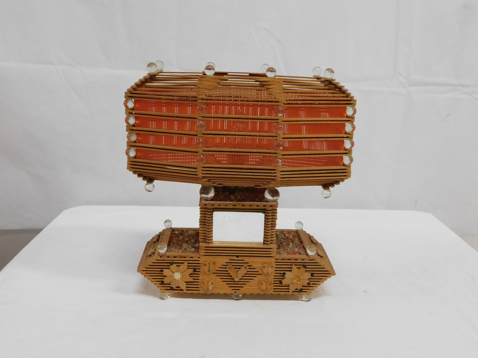 Vintage Folk Art Tramp Art Popsicle Stick Lamp: Vintage Folk Art Tramp Art Popsicle Stick Lamp in good condition. 13.5"H x 12.5"L x 7.5"W