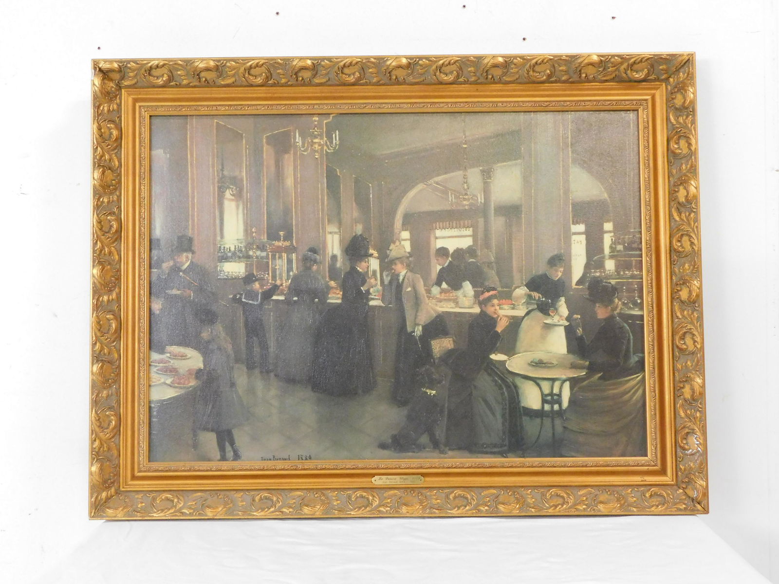 Giclee Canvas Print "La Palacerie Shoppe": Giclee Canvas Print "La Palacerie Shoppe" by Jean Beraud in Gold Frame. Frame size 27" x 35" in good condition.