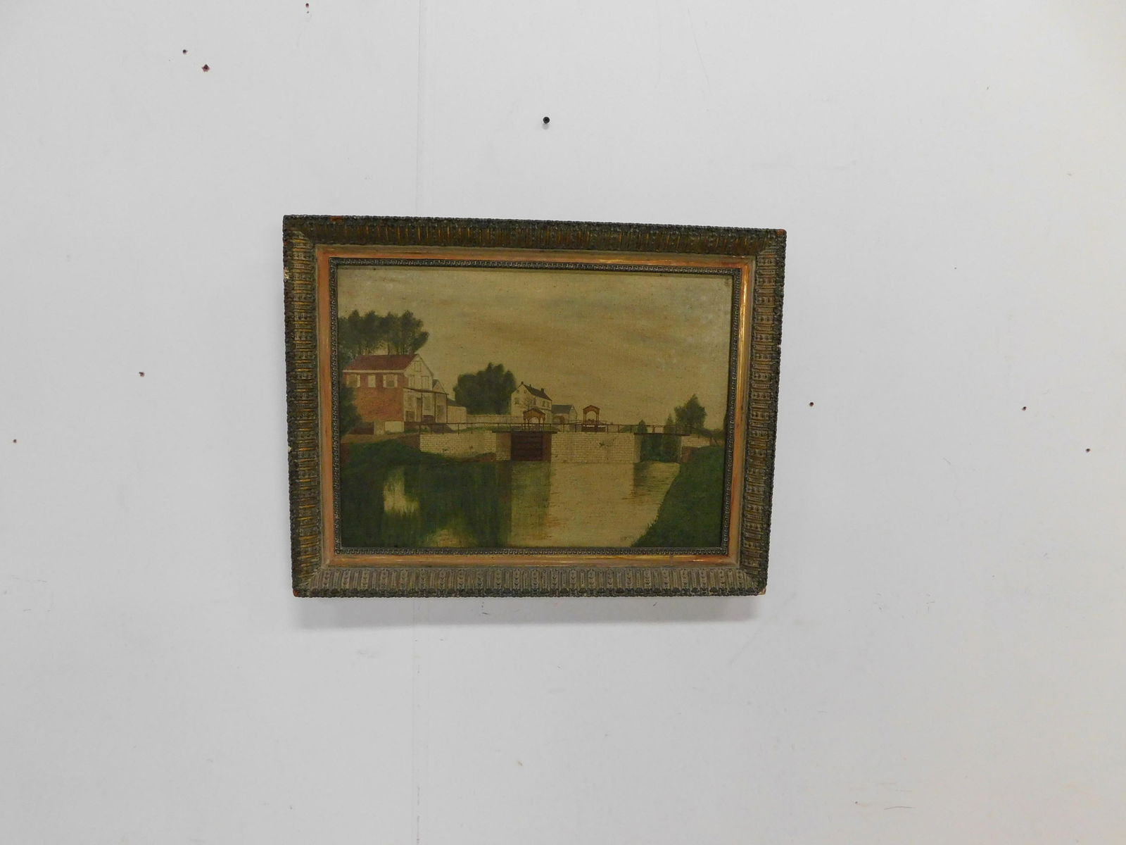 Primitive Folk Art Antique Landscape Oil Painting: Primitive Folk Art Antique Landscape Oil Painting. Artist Signed in good condition. 17" x 22.5"