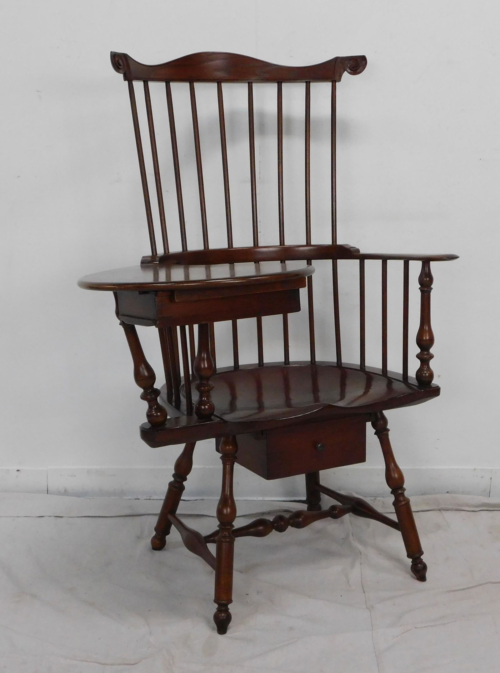 D. R. Dimes Philadelphia Writing Windsor Chair: D. R. Dimes Philadelphia Writing Windsor Chair. Custom made Arm Chair with Pegged Construction and Hand Chamfered Drawers. It features a typical D shaped seat and a sculpted left arm pad as well a bol