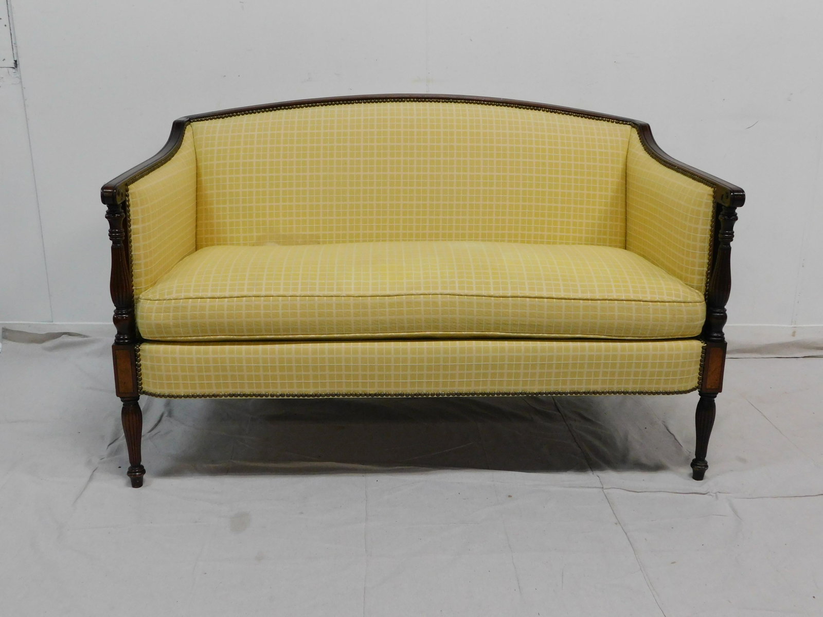 James River Plantation Hickory Chair Settee: Yellow Sheraton love seat. Historical James River Plantation Collection item # 1844-00 by Hickory Chair Company. The graceful, slender, reeded and tapered legs make this Sheraton Love-seat a classic s