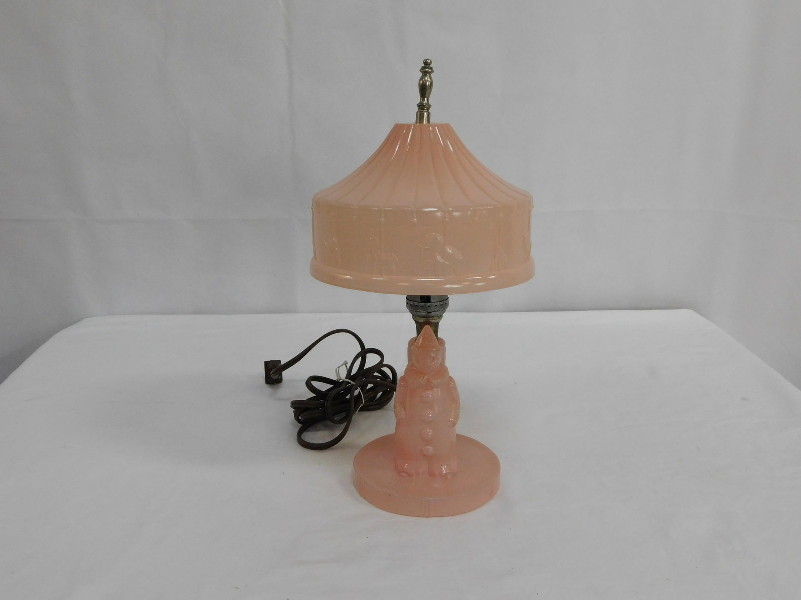 Vintage Art Deco Pink Clown Circus Tent Lamp: Vintage Art Deco Pink Glass Clown with Circus Tent Shade Lamp in good condition with a couple of very small chips. Working Condition with New Cord. 14"H
