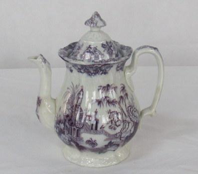 Early Mulberry Ironstone Transfer Ware Tea Pot: Early Mulberry Ironstone Transfer Ware Tea Pot in good condition with some age lines, some tiny chips, and crazing consistent with age, 9''H x 9''W