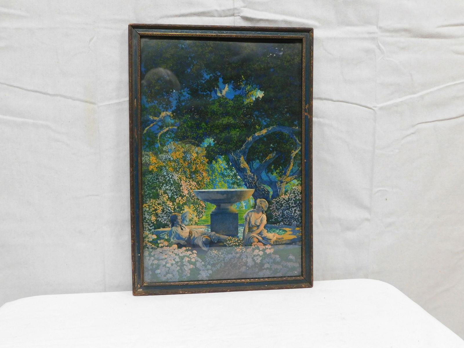 Maxfield Parrish "Reveries" Large Print 1926: Maxfield Parrish "Reveries" Cropped Print from Edison Mazda Calender Copyright 1926 in original Art Deco Frame. Good condition with wear to frame commensurate with age. Frame size 23.5" x 16"