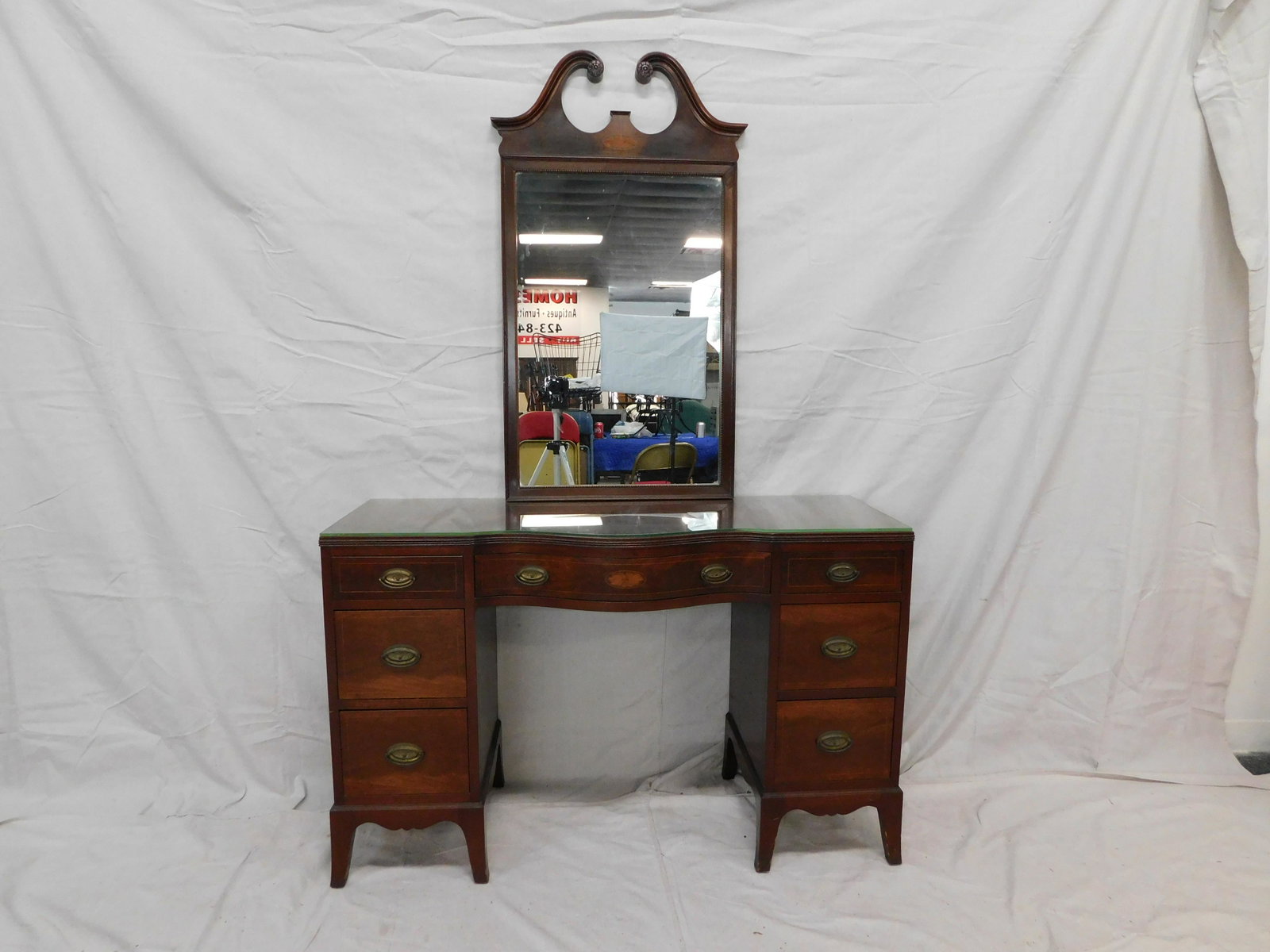 Antique Mahogany Inlaid Vanity with Mirror: Antique Mahogany Inlaid Vanity with Mirror in good condition, Custom Glass Top for Vanity, Mirror is missing some trim as shown in photos, Vanity 30.25''H x 48''W x 17''D Mirror 42''H x 22.5''W