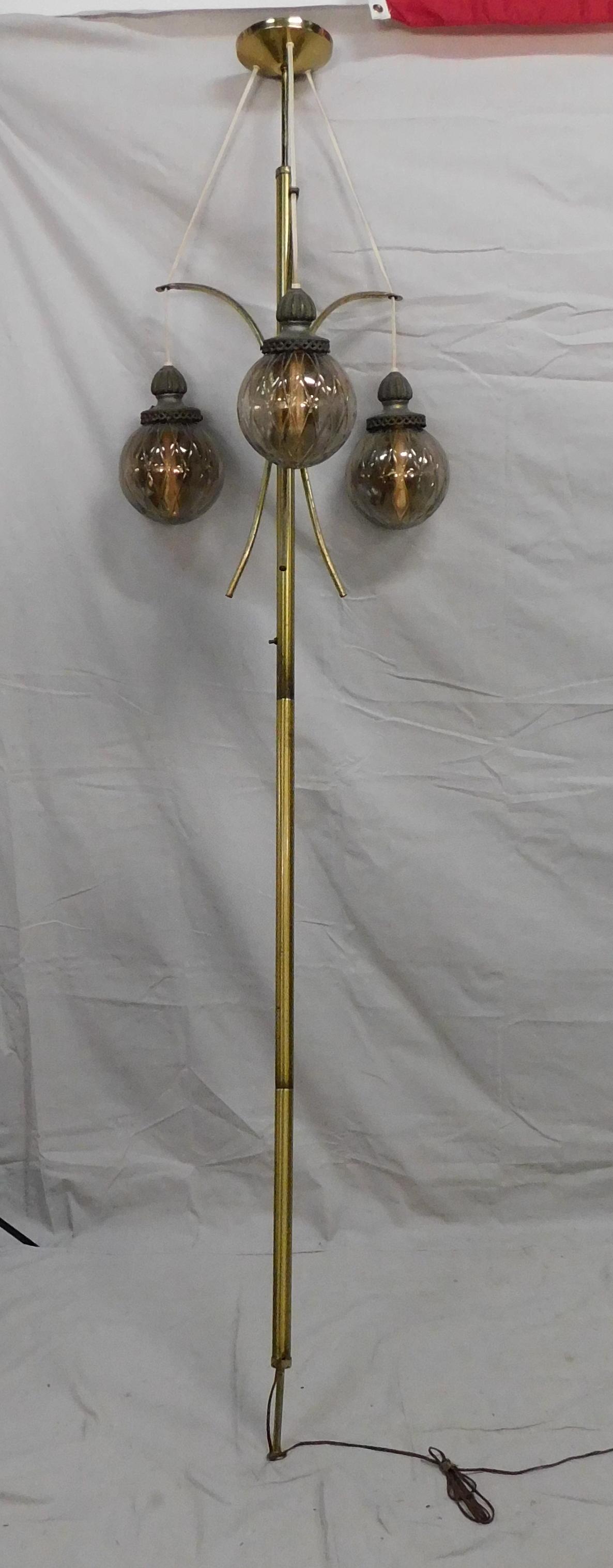 Mid Century Tension Pole Floor Lamp: Mid Century Tension Pole Floor Lamp in good condition with one repair as shown in photos, Smoked Glass Shades, Fits 8ft Ceilings
