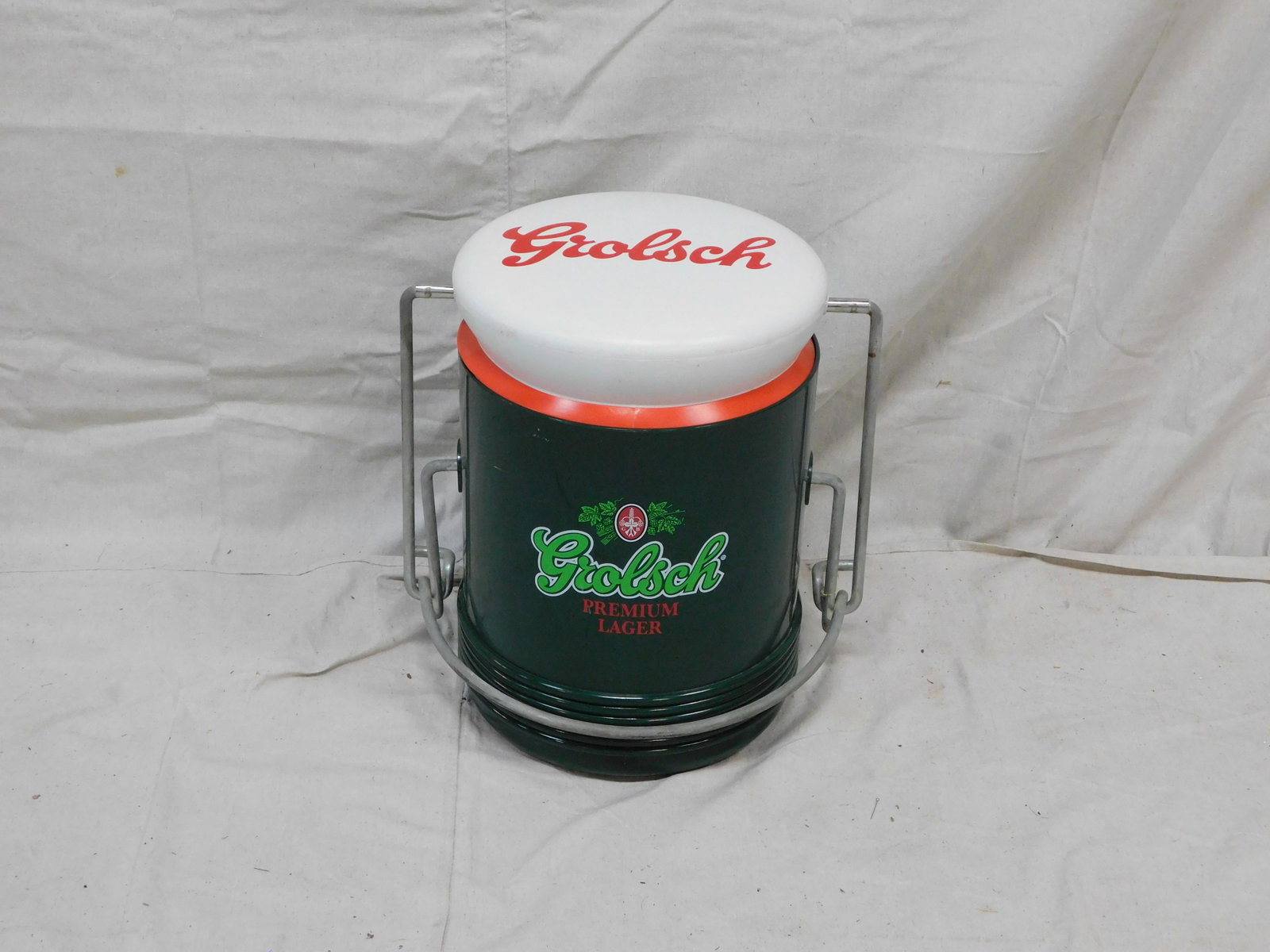 Large Grolsch Lager Cooler with Strap: Large Grolsch Lager Cooler with Strap, hinged top, 17''H x 17.5''W x 13''D