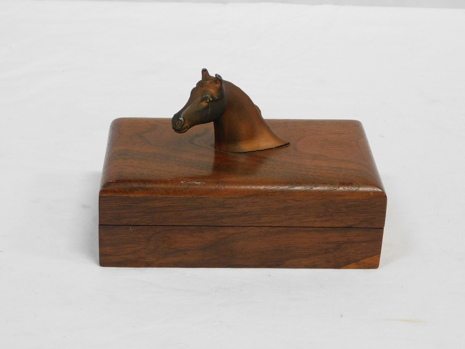 Vintage Walnut Box with Metal Horse Head: Vintage Walnut Box with Metal Horse Head in good condition. Box is 7.5" x 4.75"