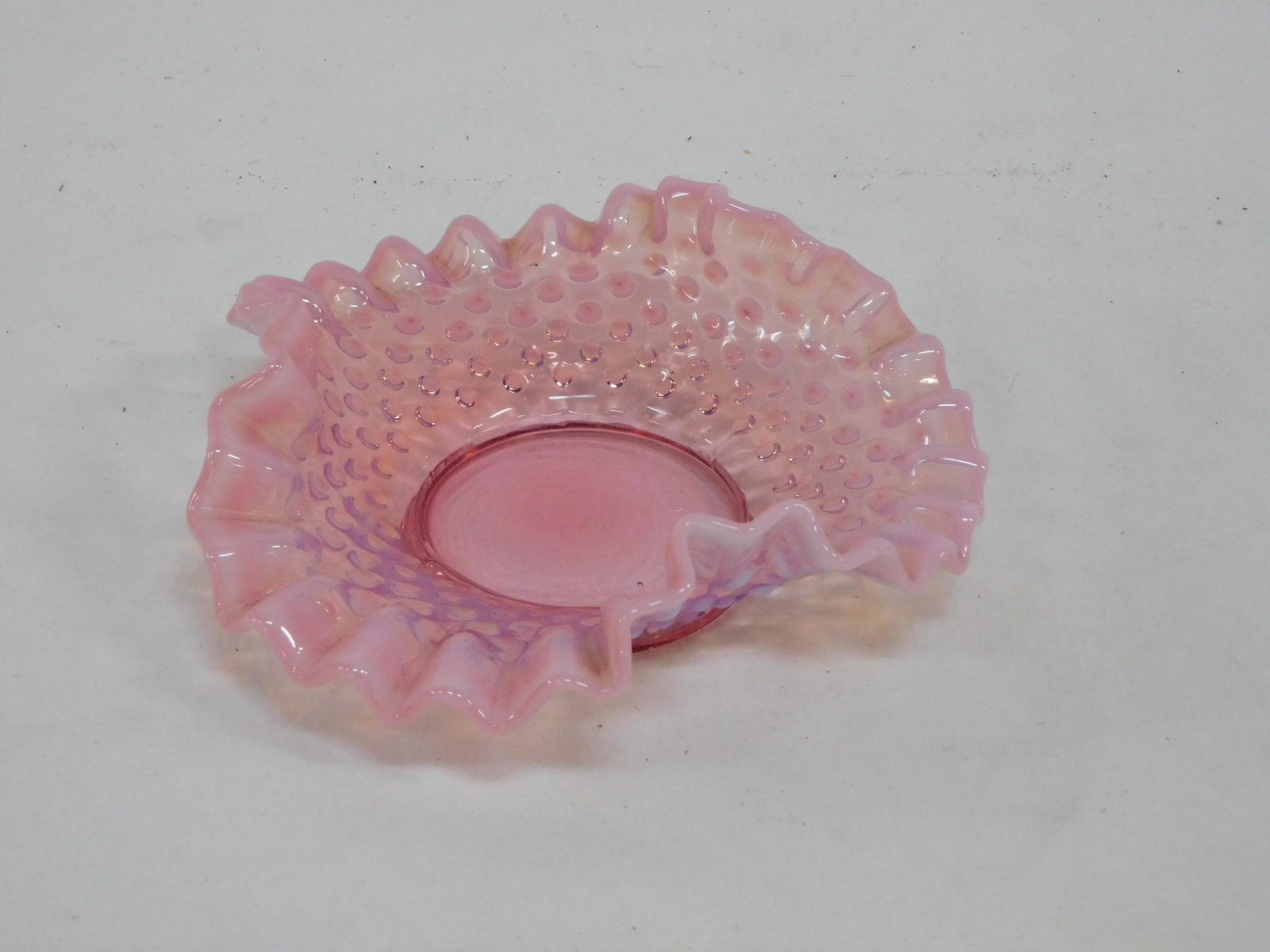 Fenton Cranberry Opalescent Hobnail Dish: Fenton Cranberry Opalescent Hobnail Dish with Ruffled Edge in good condition. 6.5"D