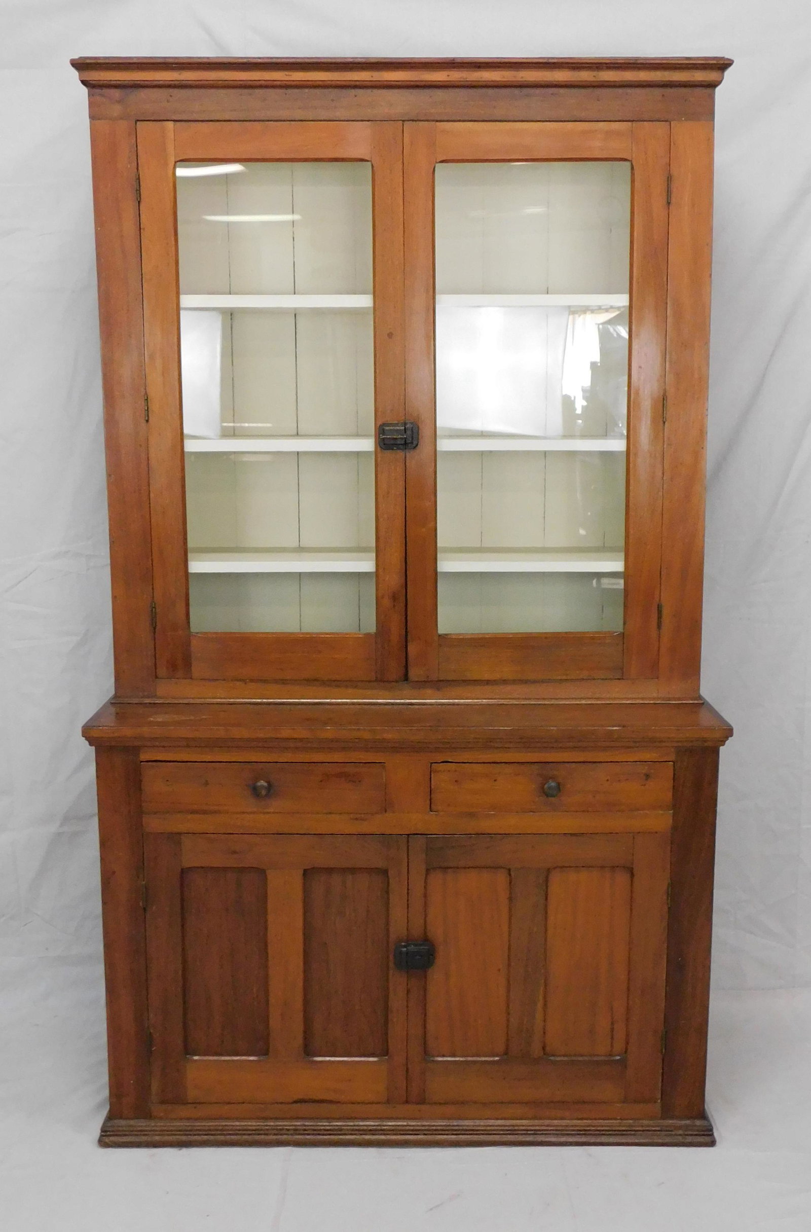 American Southern Antique Walnut Stepback Cupboard: American Southern Antique Walnut Stepback Cupboard in very good condition, Pegged and Square Nail Construction, Circa 1840-1860's, Original Wavy Glass, hand chamfered, Provenance: Sue Parks Estate, or