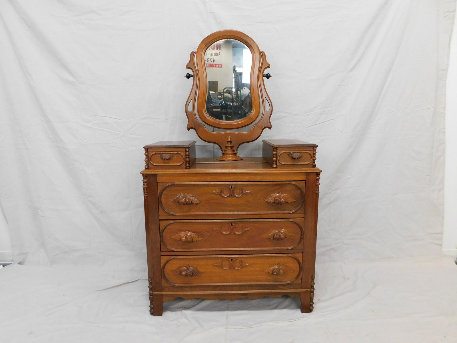Antique Walnut Victorian Wishbone Dresser: Antique Walnut Victorian Wishbone Dresser in good condition, with glove boxes on top, hand carved pulls, dovetailed drawers, paneled sides, 65''H x 38''W x 18''D