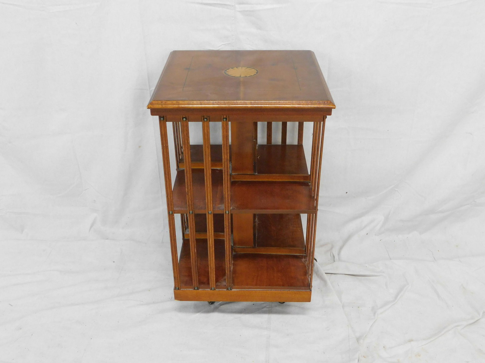 Antique Edwardian Inlaid Revolving Bookcase: Antique Edwardian Inlaid Revolving Bookcase in good condition. Yew Wood Top, 31''H x 19''W x 19''D