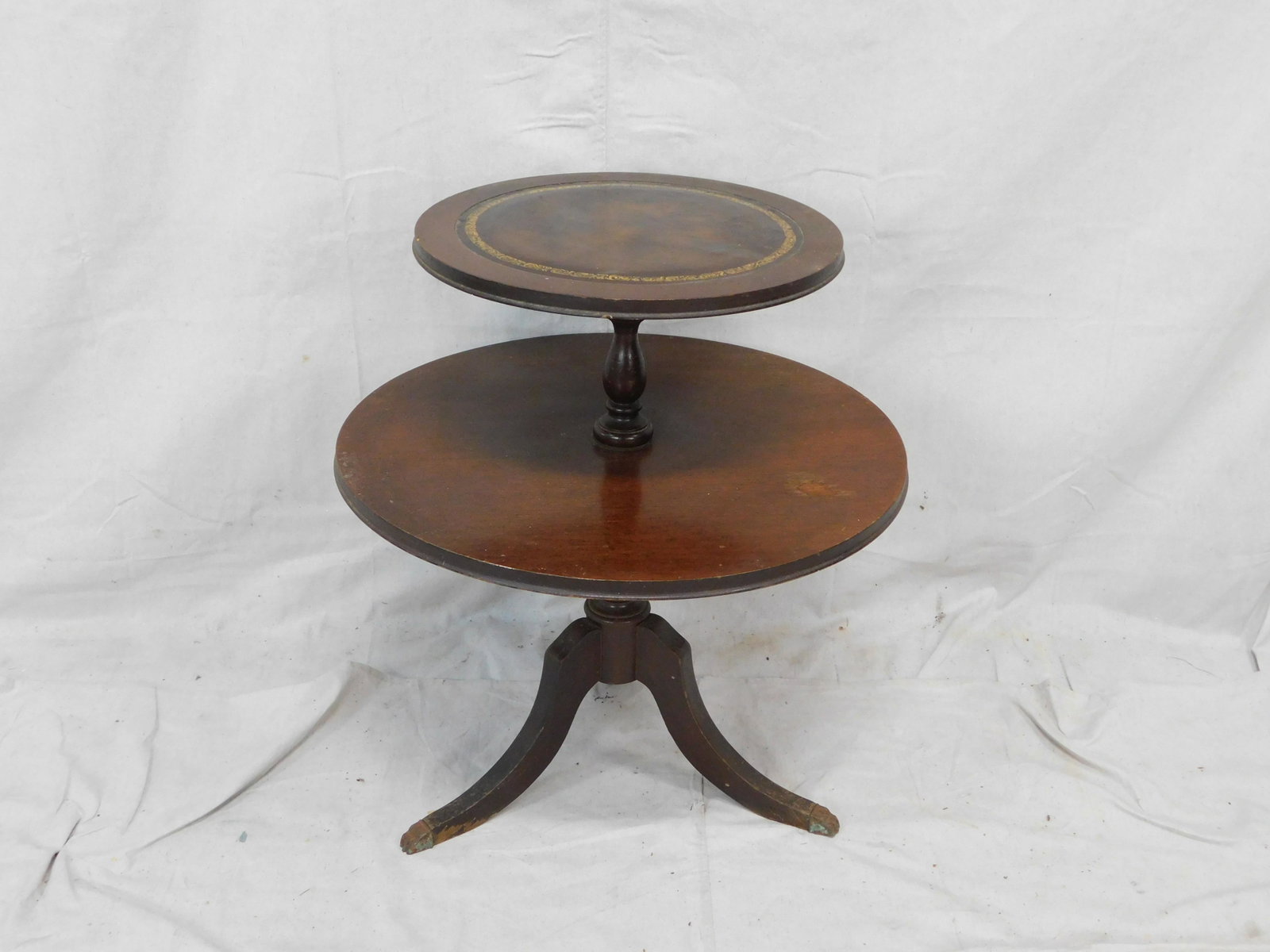 Mahogany Round Two Tier Table with Leather Top: Mahogany Round Two Tier Table with Leather Top in good condition, 26''H x 25''Dia