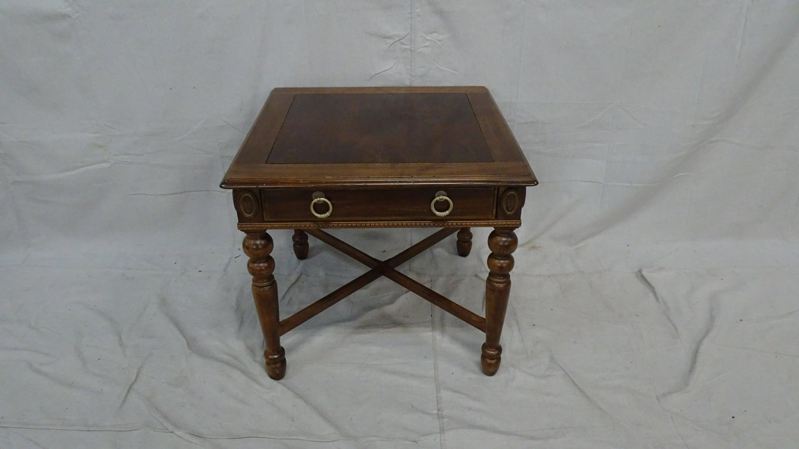 CTH Sherrill End Table: CTH Sherrill End Table in good condition, one dovetailed drawer, brass hardware, 23.5''H x 26''W x 26''D