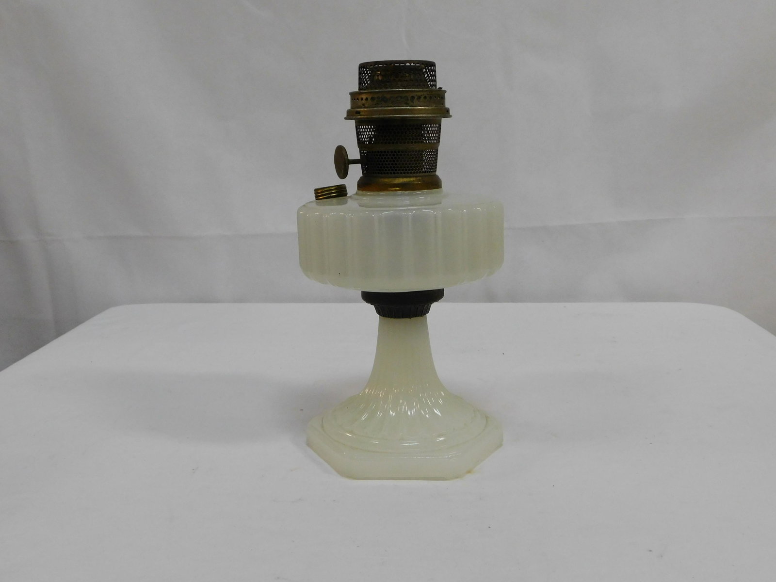 Aladdin Corinthian Moonstone Oil Lamp: Aladdin Corinthian Moonstone Oil Lamp with Crimped Collar and a Nu-Type Model B Burner in good condition. Overall height 12.25"