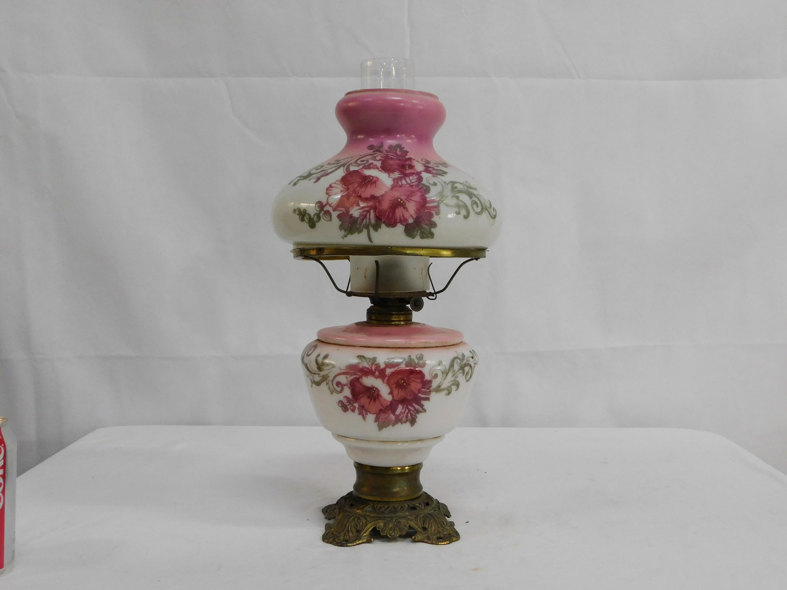 Antique Hand Painted Floral Oil Lamp: Antique Hand Painted Floral Oil Lamp with Original Shade. In good condition. Overall height 17.25"