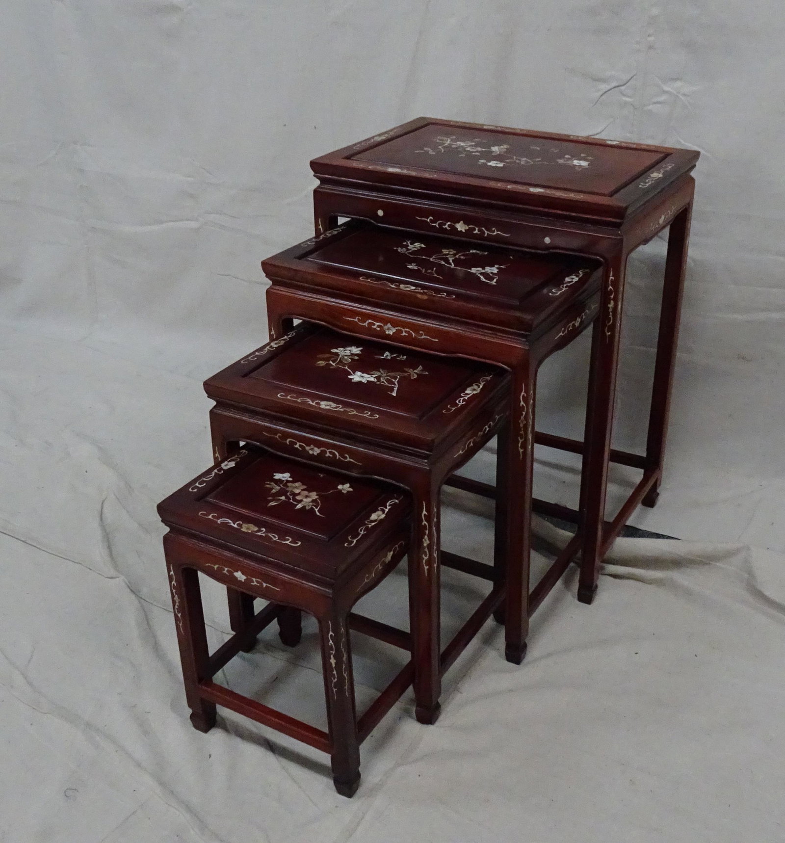 Oriental Nesting Tables w/ Mother of Pearl Inlays: Oriental Nesting Tables w/ Mother of Pearl Inlays in good condition, Set of 4, 26''H x 20''W x 14.25''D