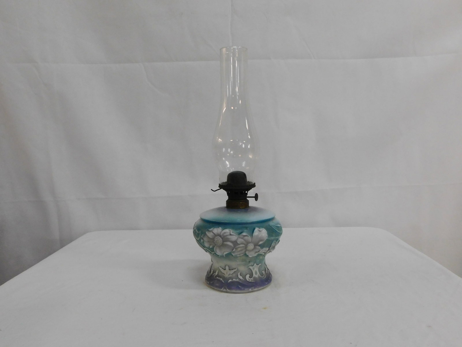 Antique Tinted Milkglass Oil Lamp Miller Burner: Antique Tinted Milkglass Oil Lamp with Hinged Miller Burner in good condition.Overall height 17"