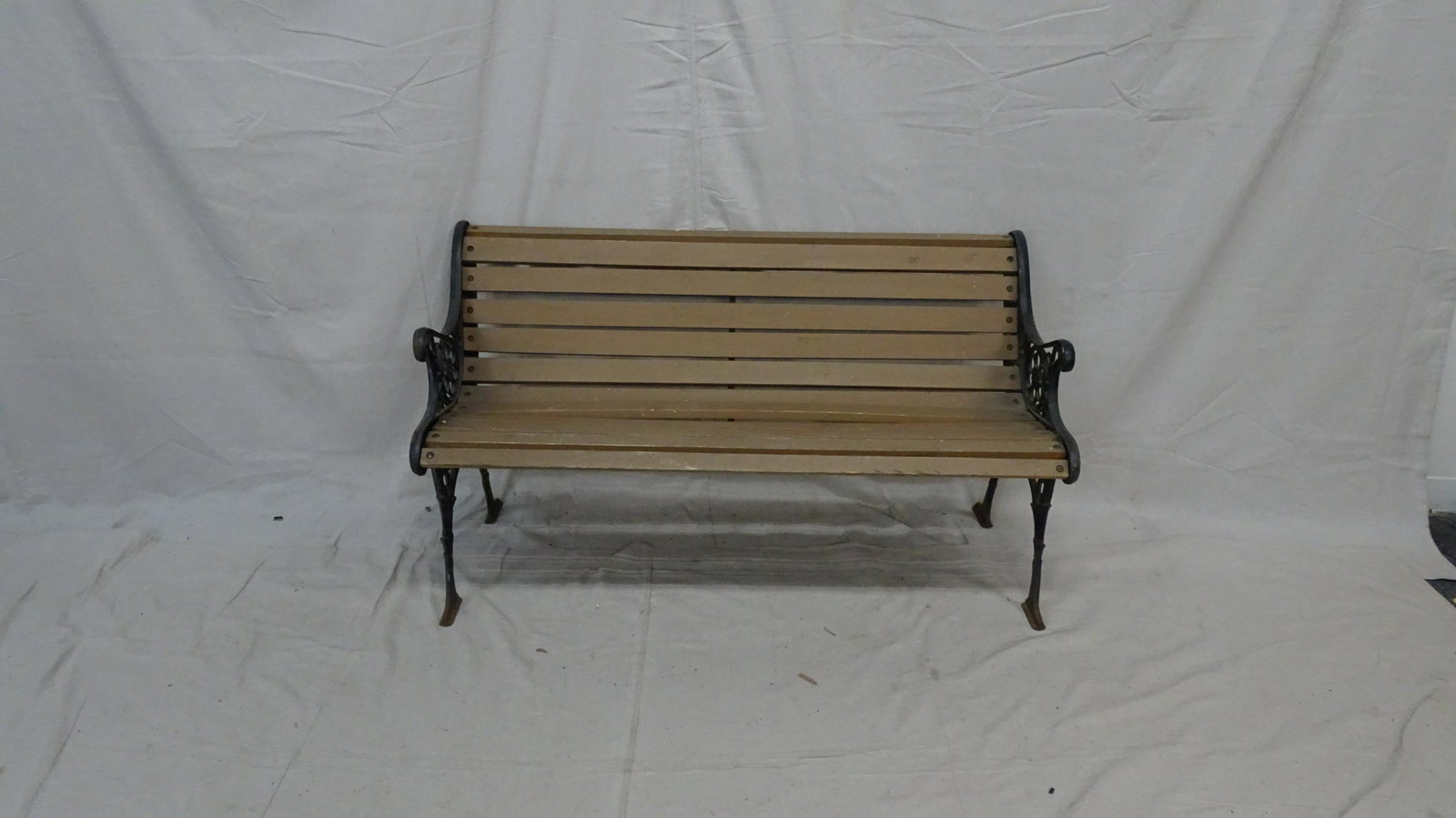 Cast Iron and Wood Park Bench: Cast Iron and Wood Park Bench, in good condition, could use fresh stain/paint, 28''H x 49.5''W x 25''D