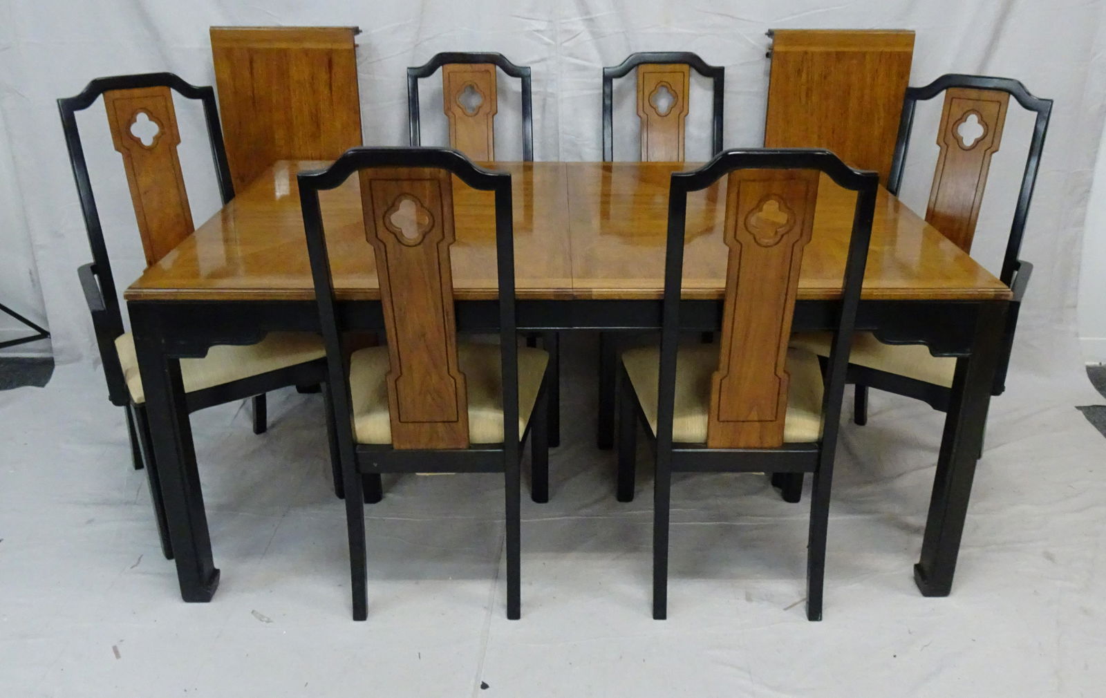 Thomasville Embassy Dining Table, Chairs, & Leaves: Thomasville Embassy Dining Table, Chairs, & Leaves in good condition, Asian Inspired, Two Arm Chairs and Four Side Chairs, Table Measures 29.5''H x 68''L x 44''D with Two 16'' Leaves, Chairs Measure 4