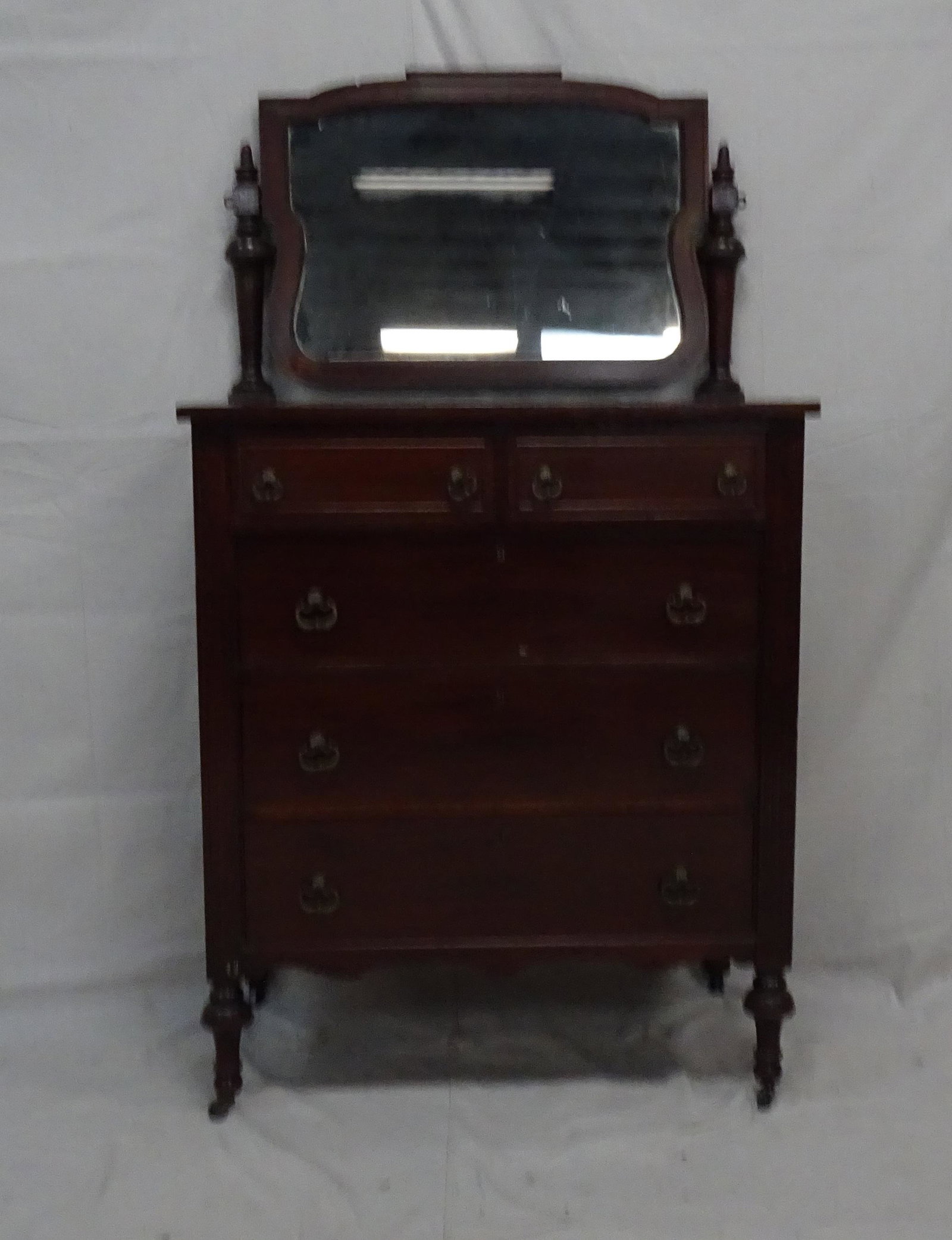 Antique Mahogany High Chest of Drawers with Mirror: Antique Mahogany High Chest of Drawers with Mirror in good condition, dovetailed drawers, Swivel Mirror, 68''H x 8.5''W x 22.25''D