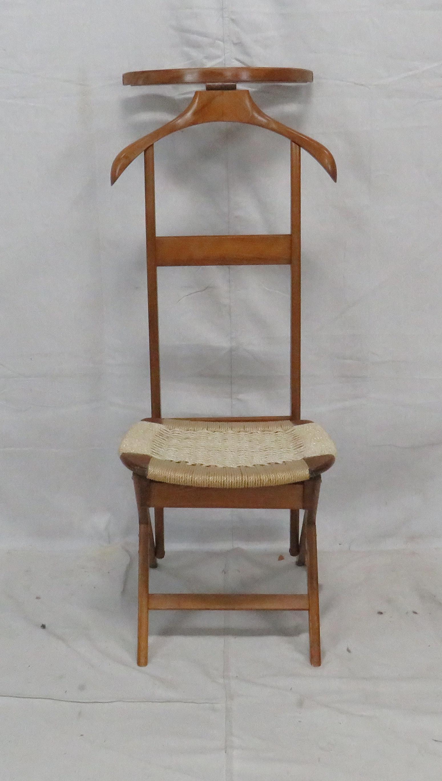 Mid Century Modern Danish Valet: Mid Century Modern Danish Valet in good condition, Lift up seat with storage, Jewelry/Button Tray Attached, Rush Bottom Seat, 45.5''H x 18.5''W x 24.5''D