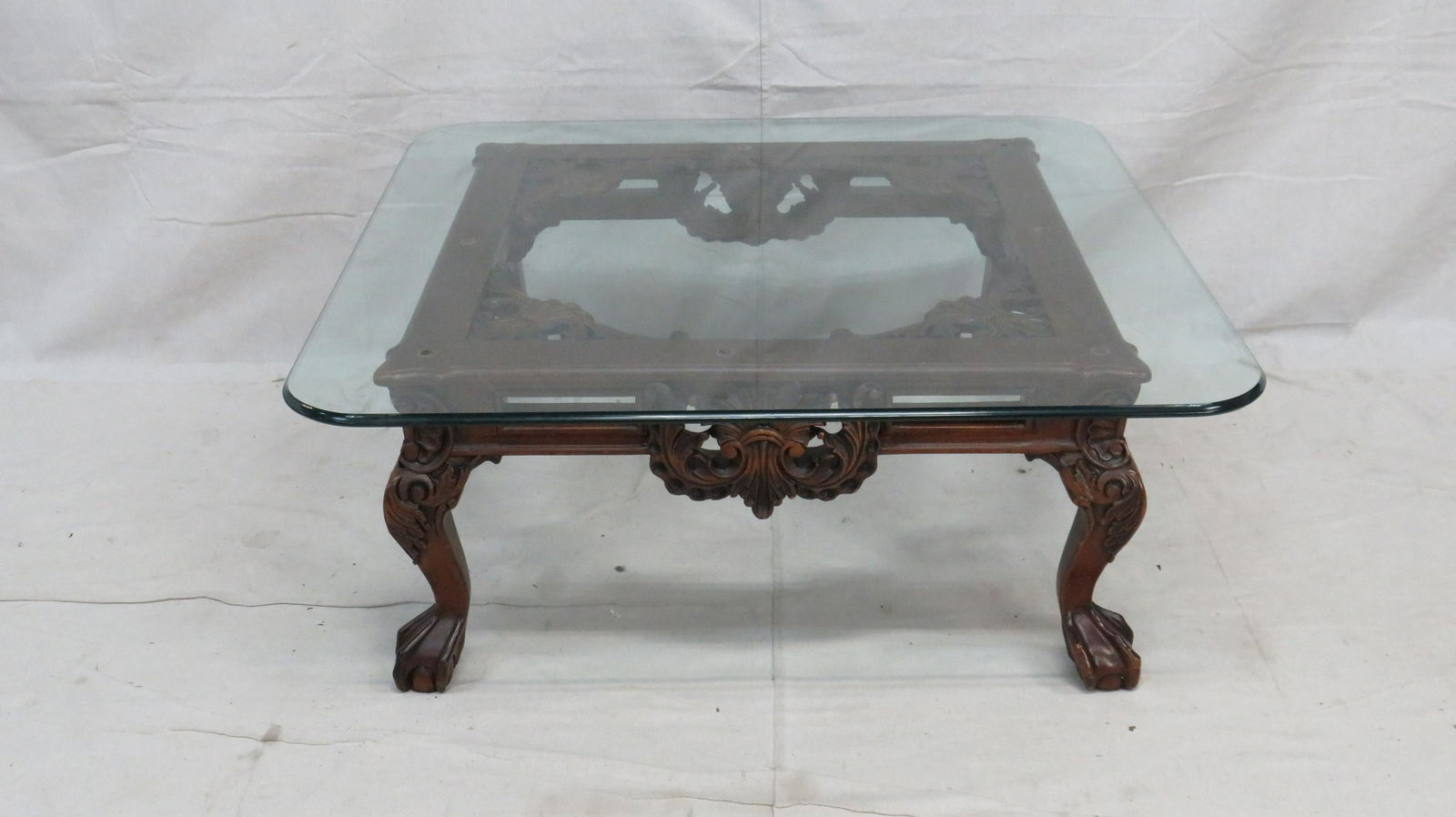 Carved Mahogany Cocktail Table with Glass Top (1 of 3)