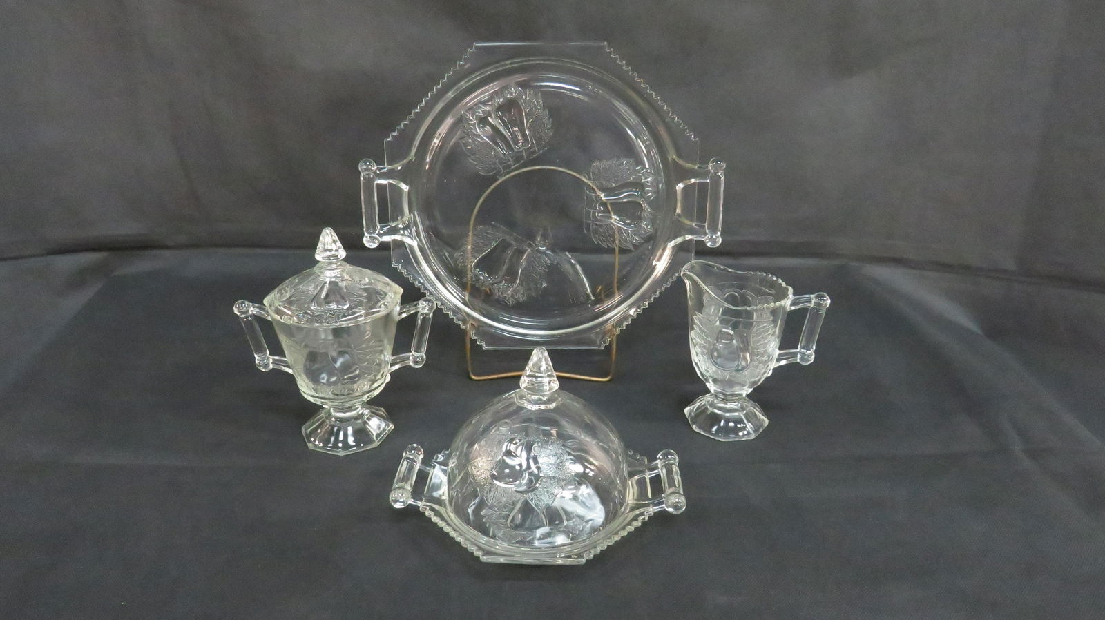 Jeanette Glass Baltimore Pear 4 Pc Set: Jeanette Glass Baltimore Pear 4 Pc Set including 2 Handle Tray, Dome Butter Dish, Cream and Sugar Set in good condition.