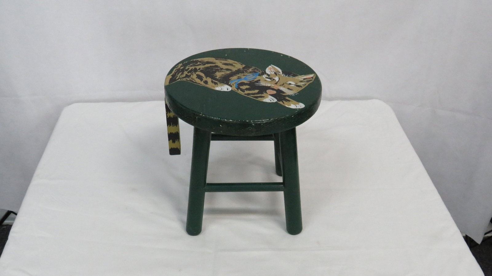 Small Stool with Hand Painted Cat: Small Stool with Hand Painted Cat in good condition, shows some wear. 11"H x 11"D