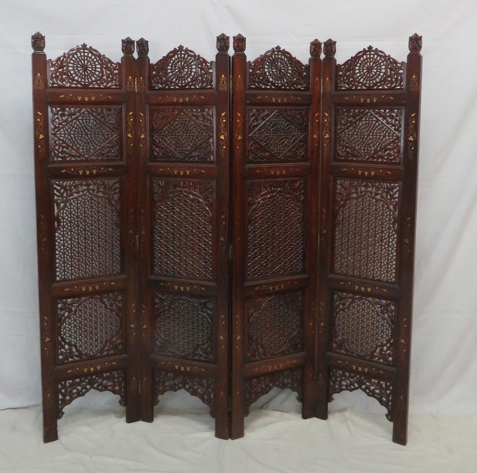 Hand Carved Teak w/ Brass Inlay Four Panel Screen (1 of 3)
