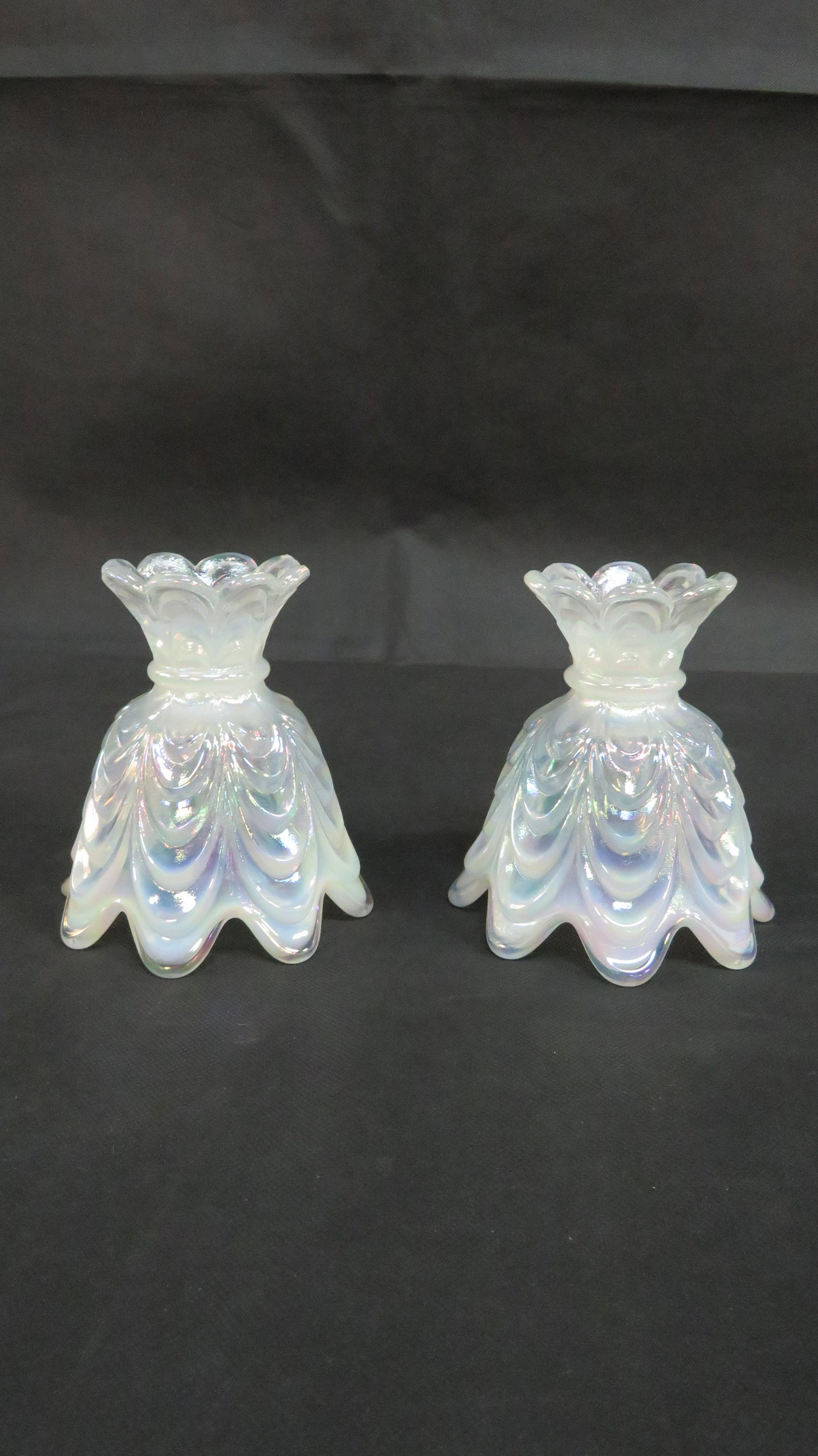Opalescent Iridescent Feathered Candlesticks: Opalescent Iridescent Feathered Candlesticks in good condition, 4.5''H