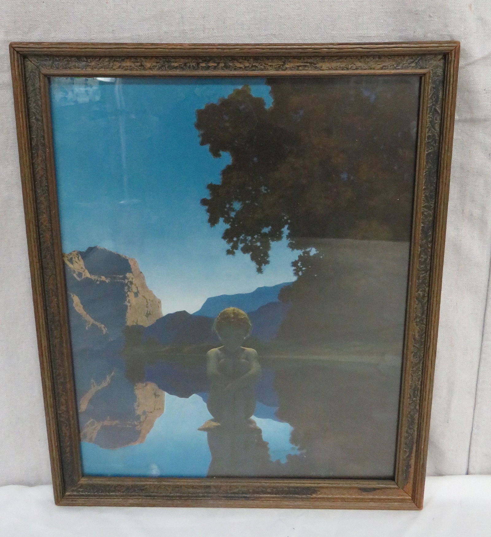 Maxfield Parrish Print Evening Original Frame: Maxfield Parrish Print Evening in Original Frame in good condition. Some light watermarks on the bottom. Reinthal and Newman NY. Frame size 16.5" 13.5"