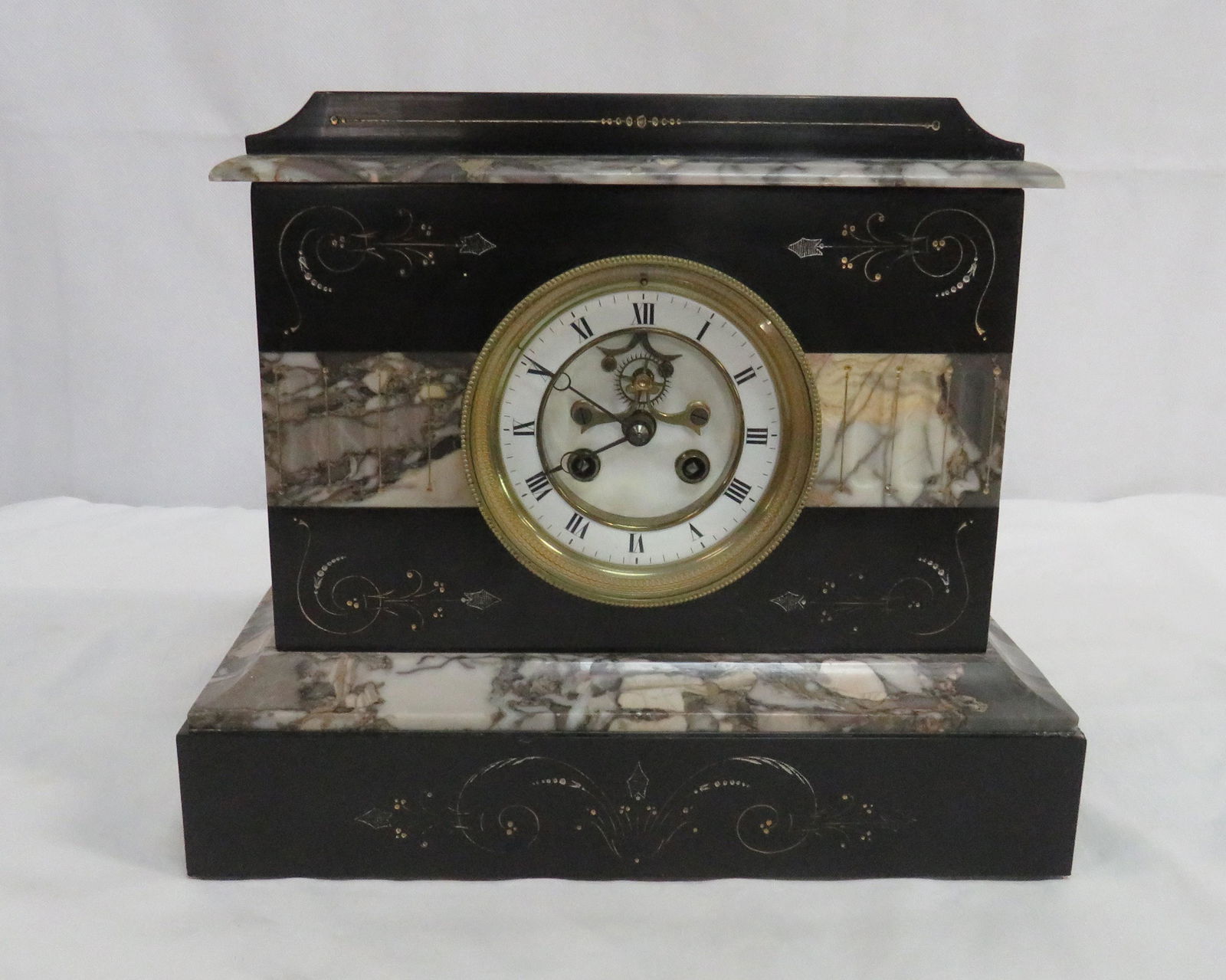 19th Century French S Marti Marble Mantel Clock: 19th Century French Samuel Marti Marble Mantel Clock in good condition with some chips on the marble. Open escapement. Marked with the S Marti Medallion de Bronze on the works. Single strikes on the h