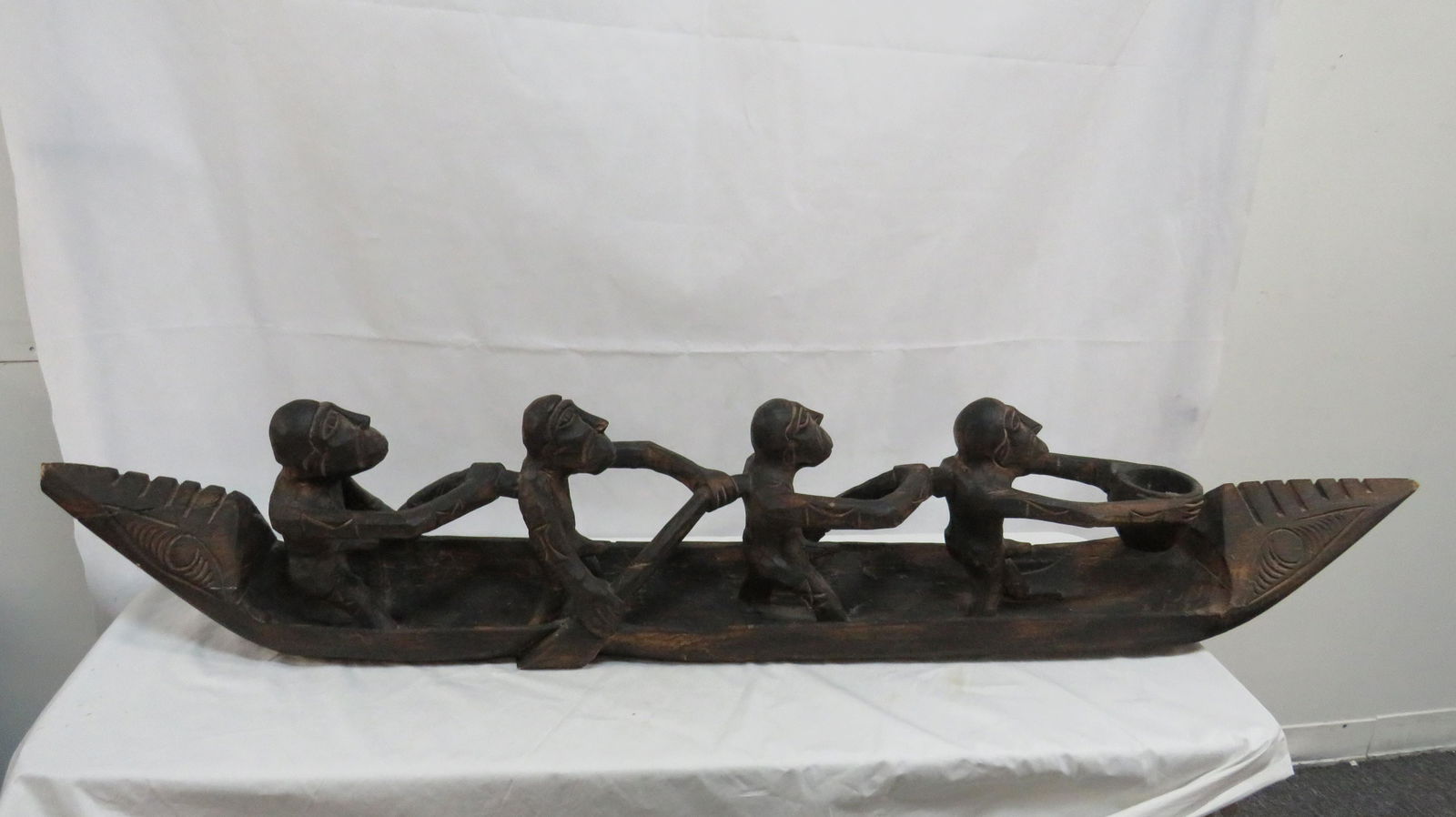 Primitive 60" Carved Wooden Tribal Men in Canoe (1 of 6)
