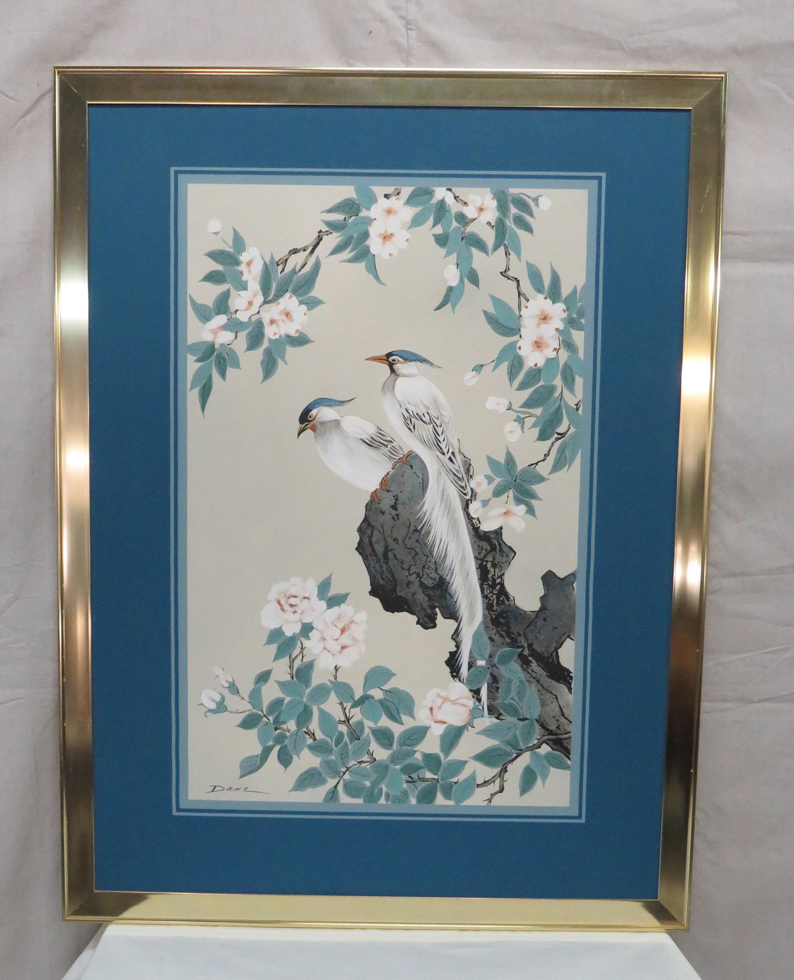 Signed Large Oil Painting Birds in Brass Frame (1 of 5)