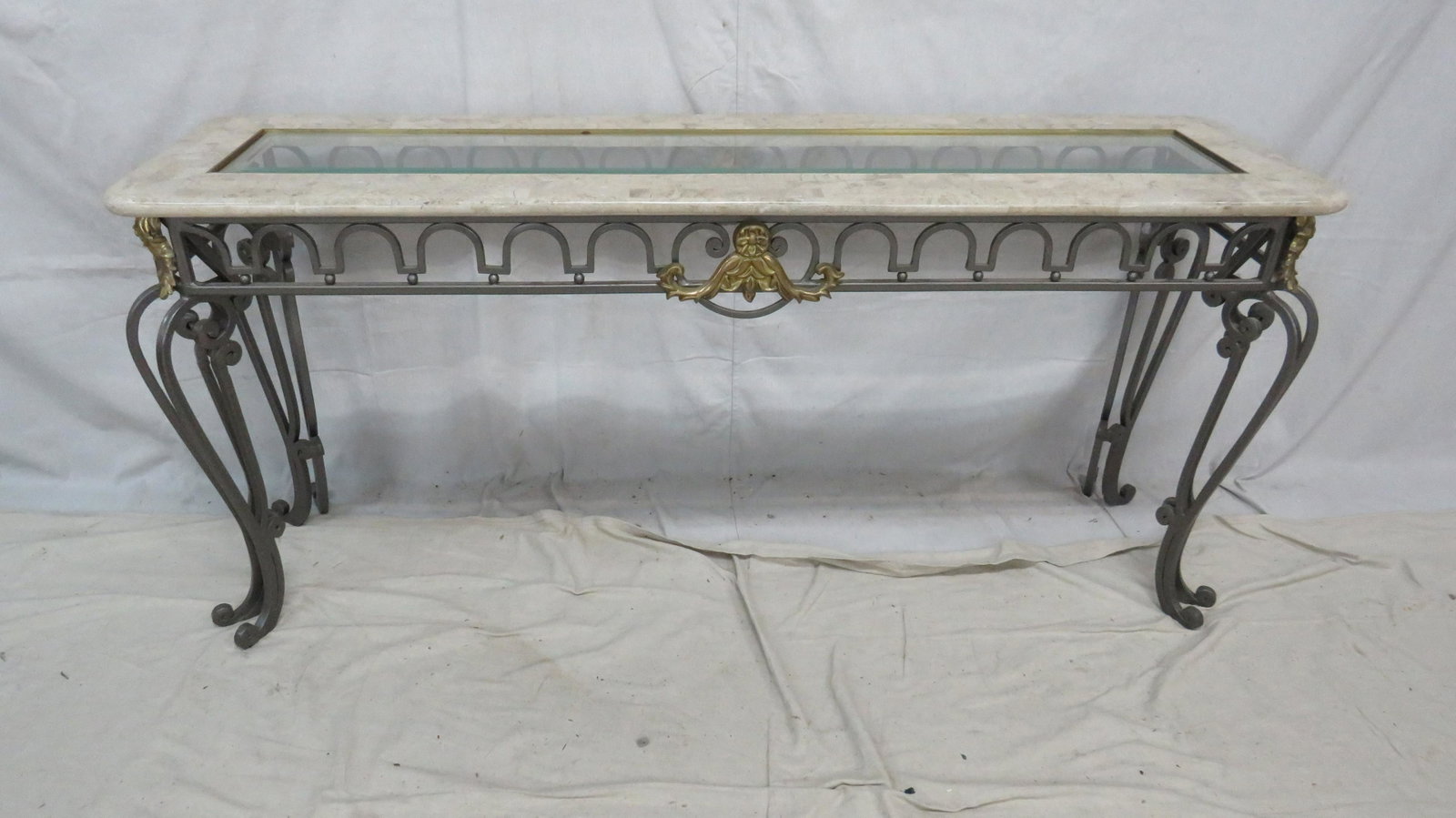 Contemporary Sofa Table: Contemporary Sofa Table in good condition, Glass has one chip as shown in photos, Wrought Iron Base, 26''H x 60''W x 18''D