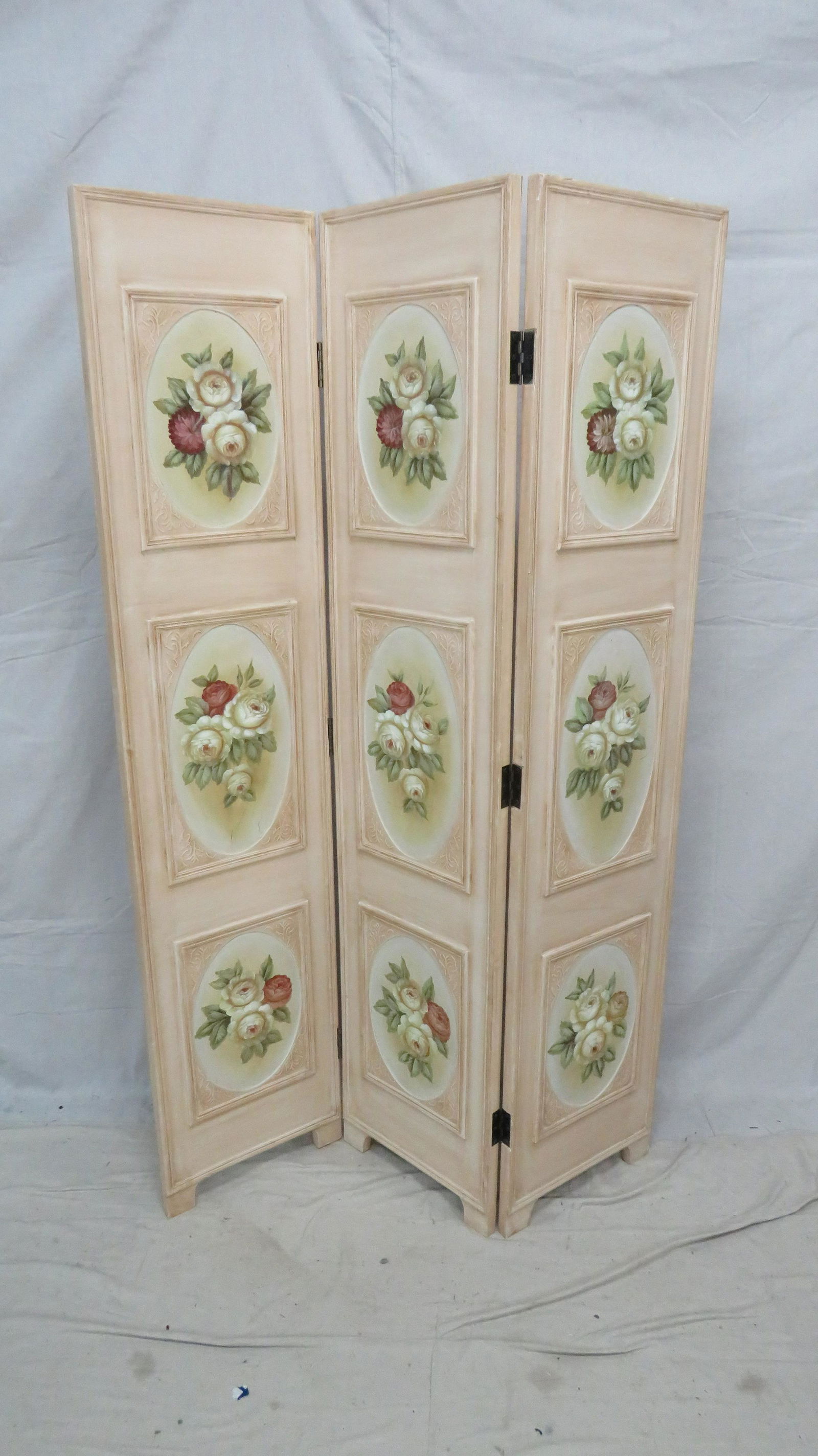 Three Panel Painted Screen: Three Panel Painted Screen in good condition, 71''H x 48''D