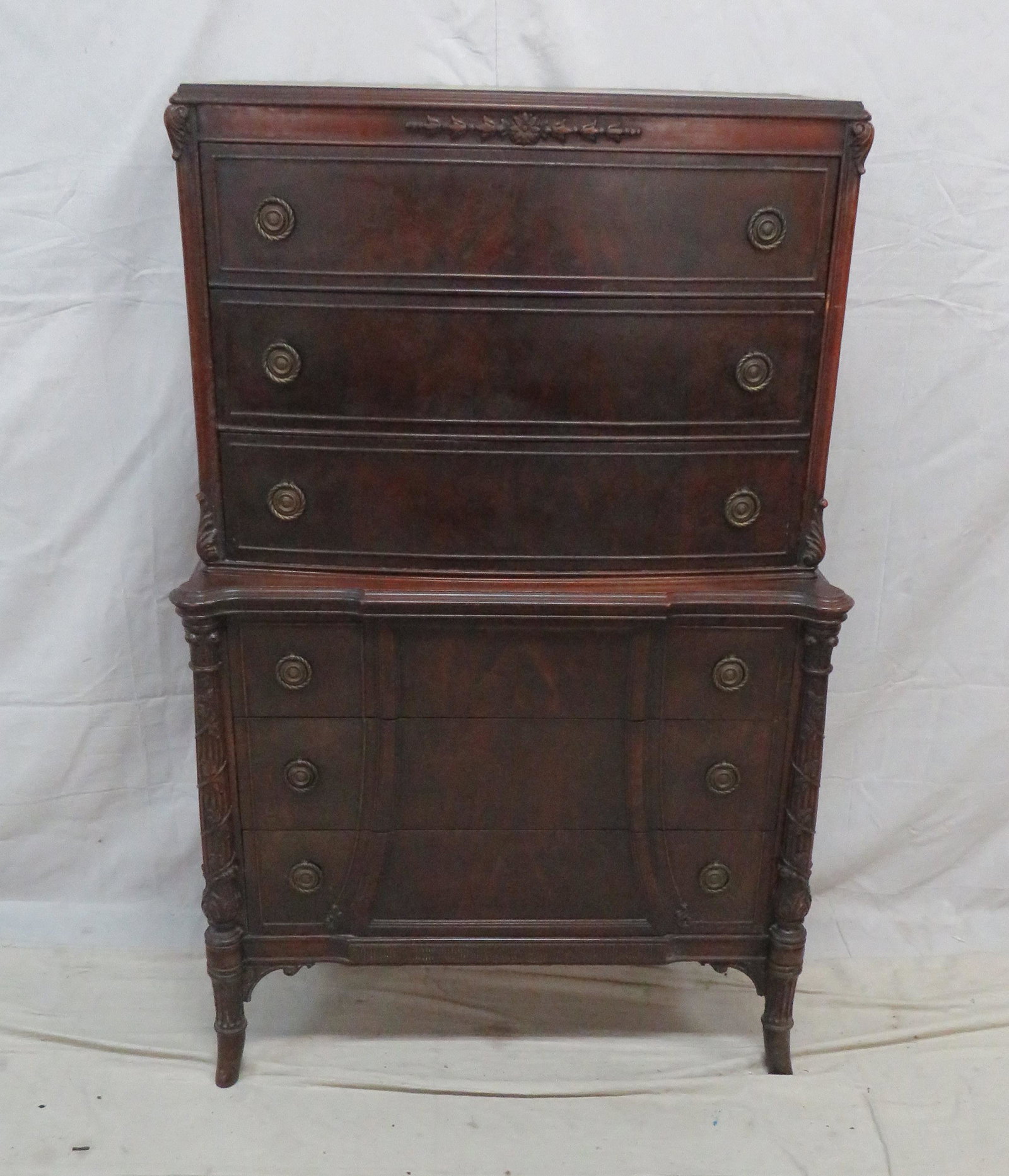 Chippendale Mahogany Chest on Chest: Chippendale Mahogany Chest on Chest in good condition, Dovetailed Drawers with Brass Hardware, 56''H x 36''W x 20.25''D