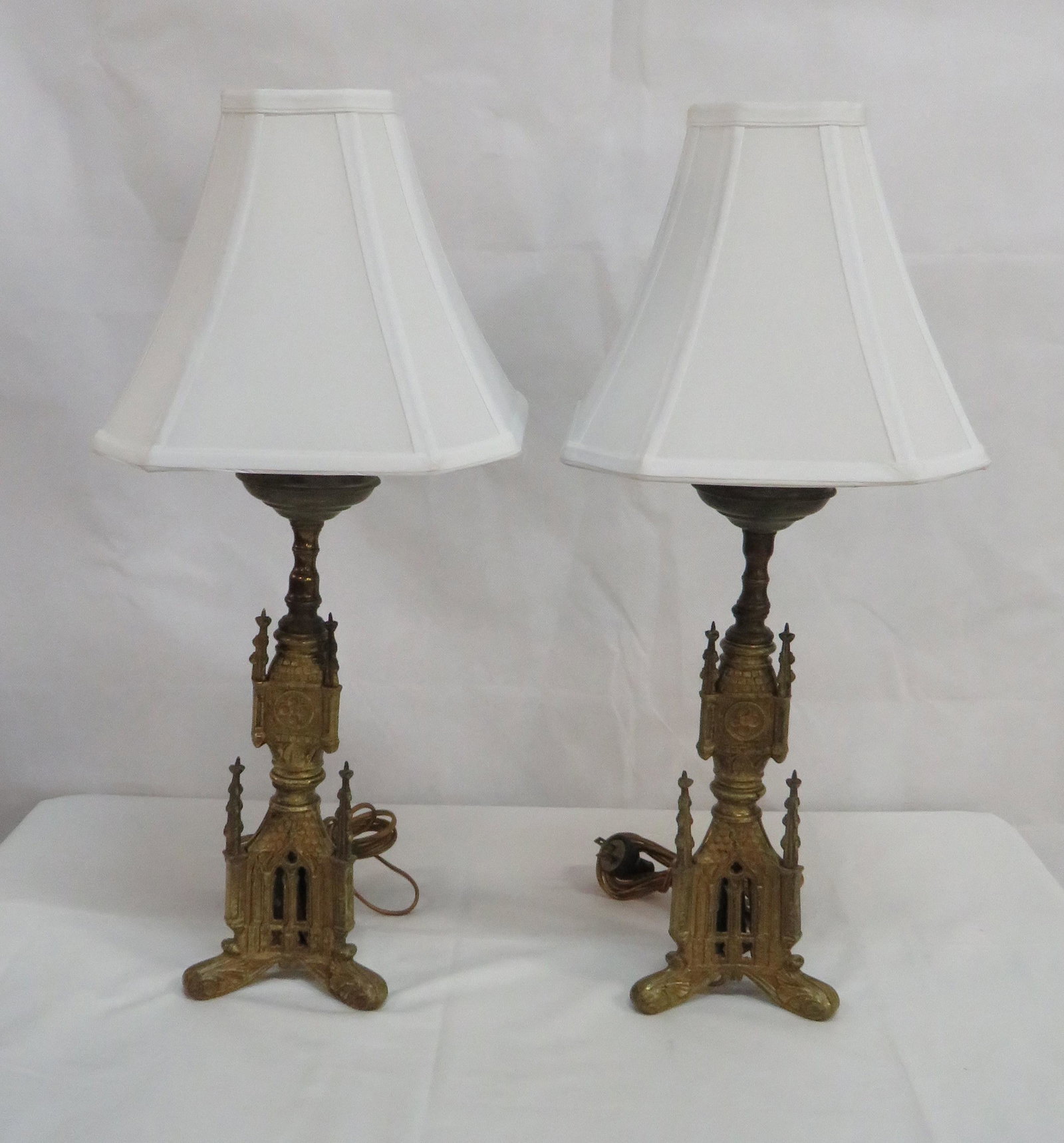 Pair of Vintage Gothic Metal Lamps: Pair of Vintage Gothic Metal Lamps with silk shades in good condition. Overall height 23"