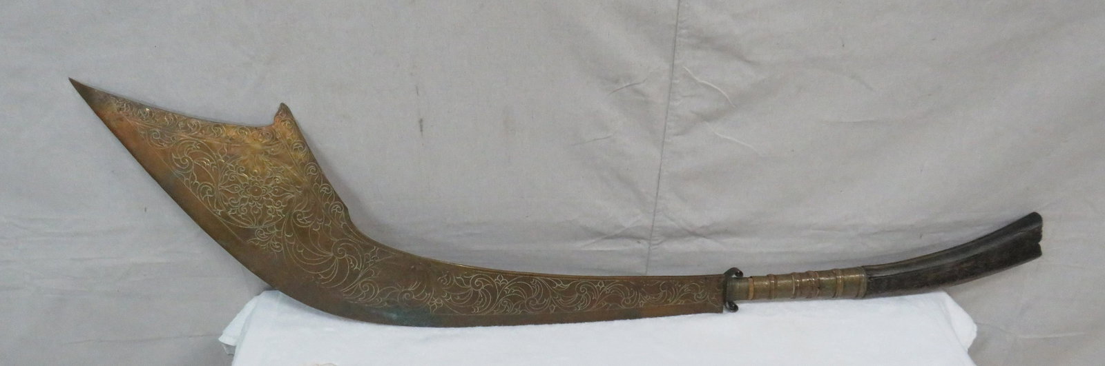 Large Vintage Brass Scimitar: Large Vintage Brass Scimitar with Carved Horn Handle in good condition, 56'' x 17''