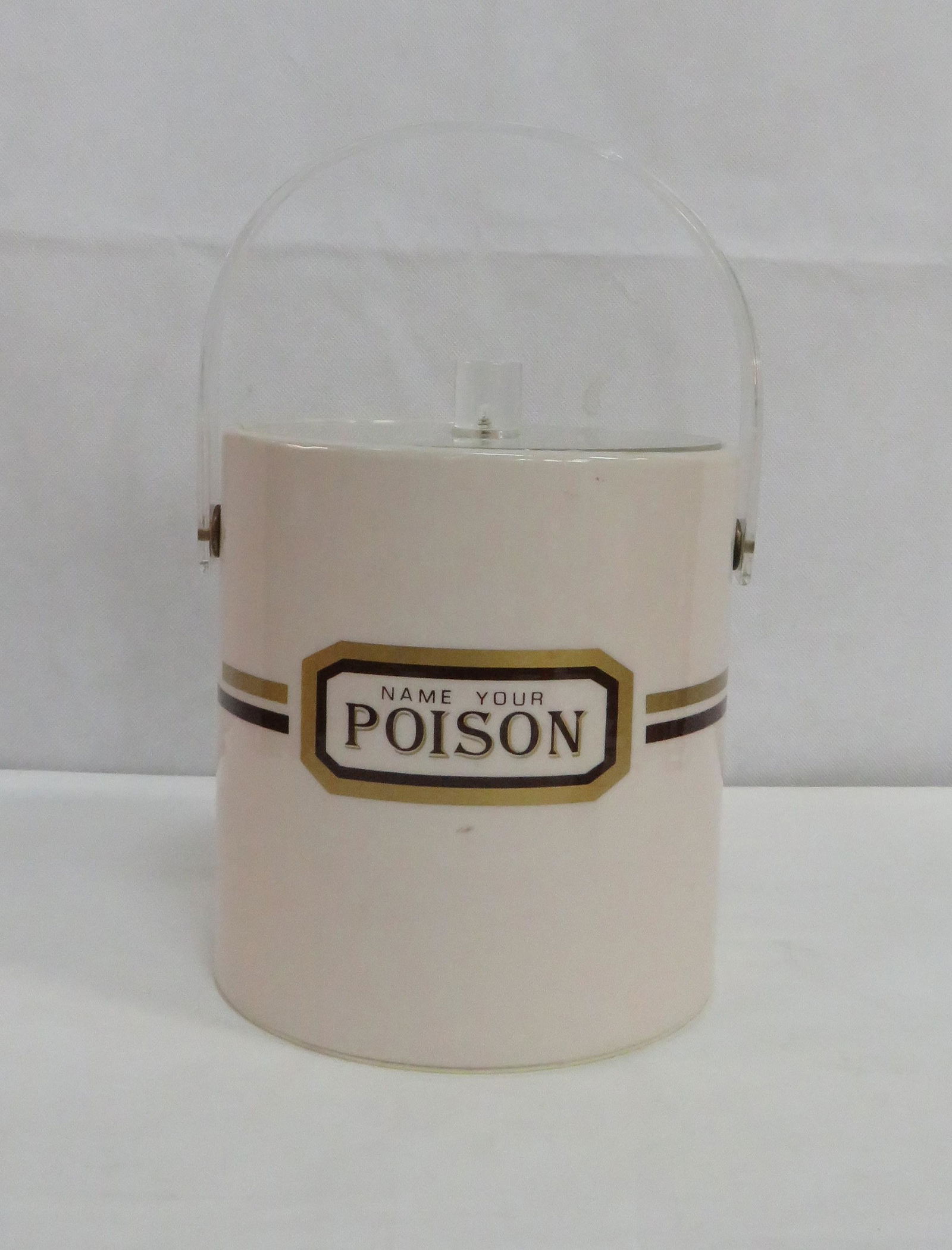 Mid Century "Name Your Poison" Cera Ice Bucket: Mid Century "Name Your Poison" Cera Ice Bucket in good condition, Acrylic Handle,